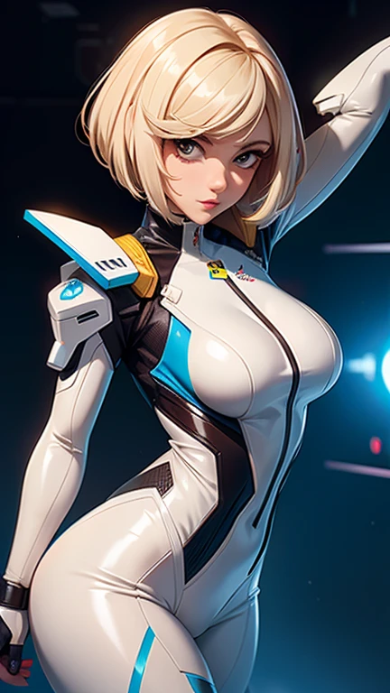 Beautiful white female tomboy piloting giant white luxurious advanced mech-suit taller than skyscrapers, (De baixo:1.4),  (De quatro:1.4), dossel aberto, tight shiny black latex outfit, pixie-corte, rosto de enquadramento de cabelo, franjas longas, suado, early in the morning, Poor lighting, nublado, Seios grandes, (:0.9), cintura muito estreita, quadris largos, dynamic pose, dynamic angle