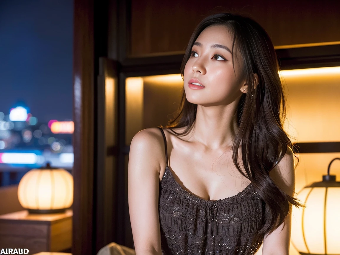 dark brown hair、light brown eyes、Japanese actress face、 lady、I&#39;Iは彼とIが好きです&#39;I&#39;Iは40歳くらいです.、(intricate details:1.2)、(which one is the top?:1.4)、 (ultra high resolution:1.2)、ultra high resolution、(finely tuned)、(detailed facial features)、nffsw、8K resolution、D cup size breasts、long hair、rooftop bar、night view、luxurious space、relax、、,full body photo、head to toe shot、beautiful feet、camisole dress、beautiful feet、she,   center of fashion, extreme details, very detailed, realistic, hourglass body, obscene pose,、、I cry a lot、tears、diagonally from below、raise your chin、put your butt against the wall、relaxした表情、Pose of Weakness、(auraroid photo:1.2)、from outside the window、Transparent painting masterpiece、8K、32k、highest quality、(Details of both eyes)、1 girl、elegant、(loose dress :1.4)、night view。(Low - Angle、looking up and looking at me:1.2)、Hilarious、look at the camera、