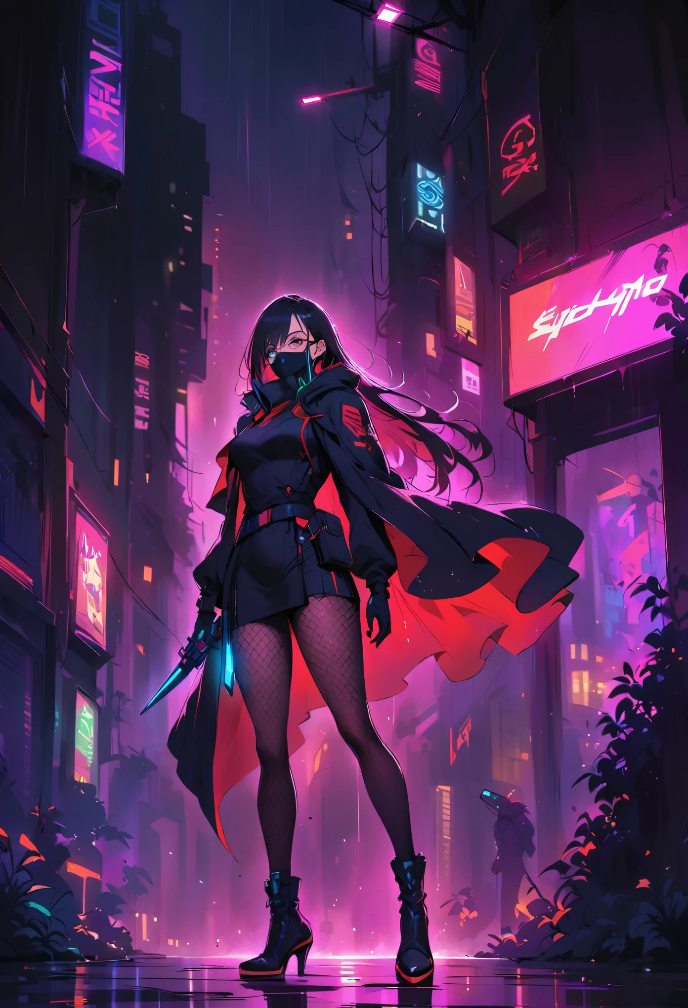 Cyberpunk female ninja，(face mask)，long hair，beautiful detailed face，(Glasses)，stylish shoes，Neon-lit cityscape，futuristic gadgets，Stylish cybernetic enhancements，belt，(Hanging high-tech dagger)，Black leather tights，Hooded tactical cape，fishnet stockings，Shadows and reflections，Heavy rain and steamy alley，medium：cartoon，studio lighting，Vibrant colors，Defocused