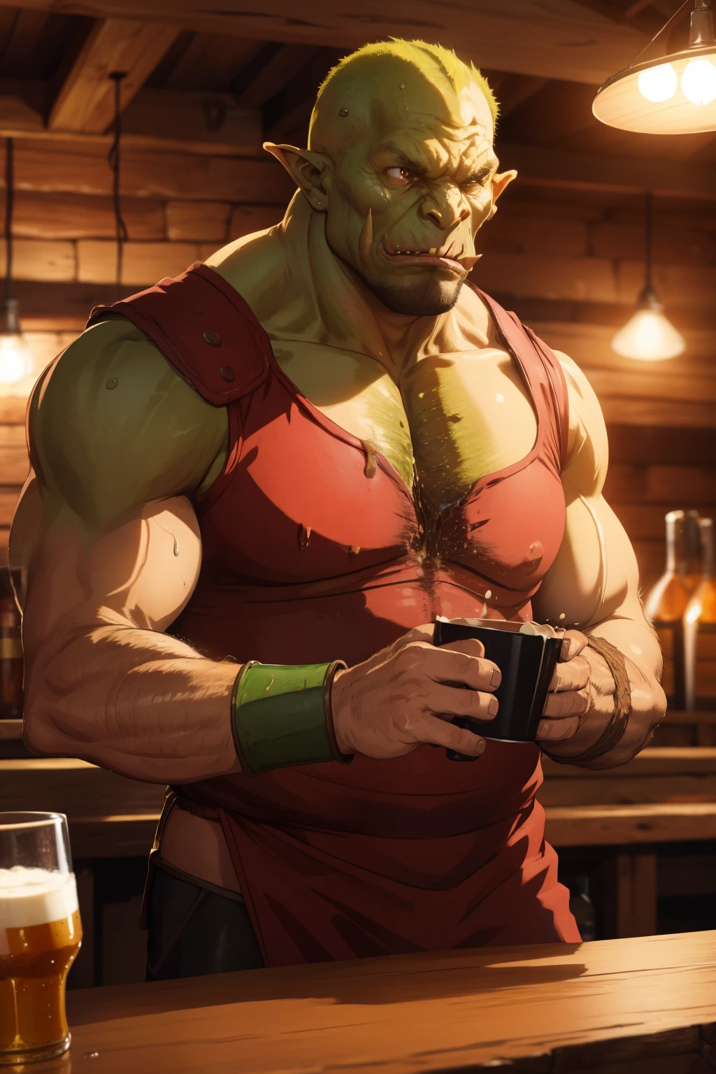 A muscular and massive orc, clad in rough leather armor, sits comfortably in a rustic tavern. His green, deeply textured skin glistens with a sheen of sweat, reflecting the soft, warm light of the flickering torches that hang from the wooden beams above. Two frothy mugs of beer steadily rest in his massive hands, their contents bubbling with rich, golden ale. Across from him is a young girl, dressed in simple, worn serving attire. With a gentle smile and a nimble grace, she pours another round of beer into the waiting mugs, her eyes sparkling with curiosity and amusement as she watches the mighty orc sip