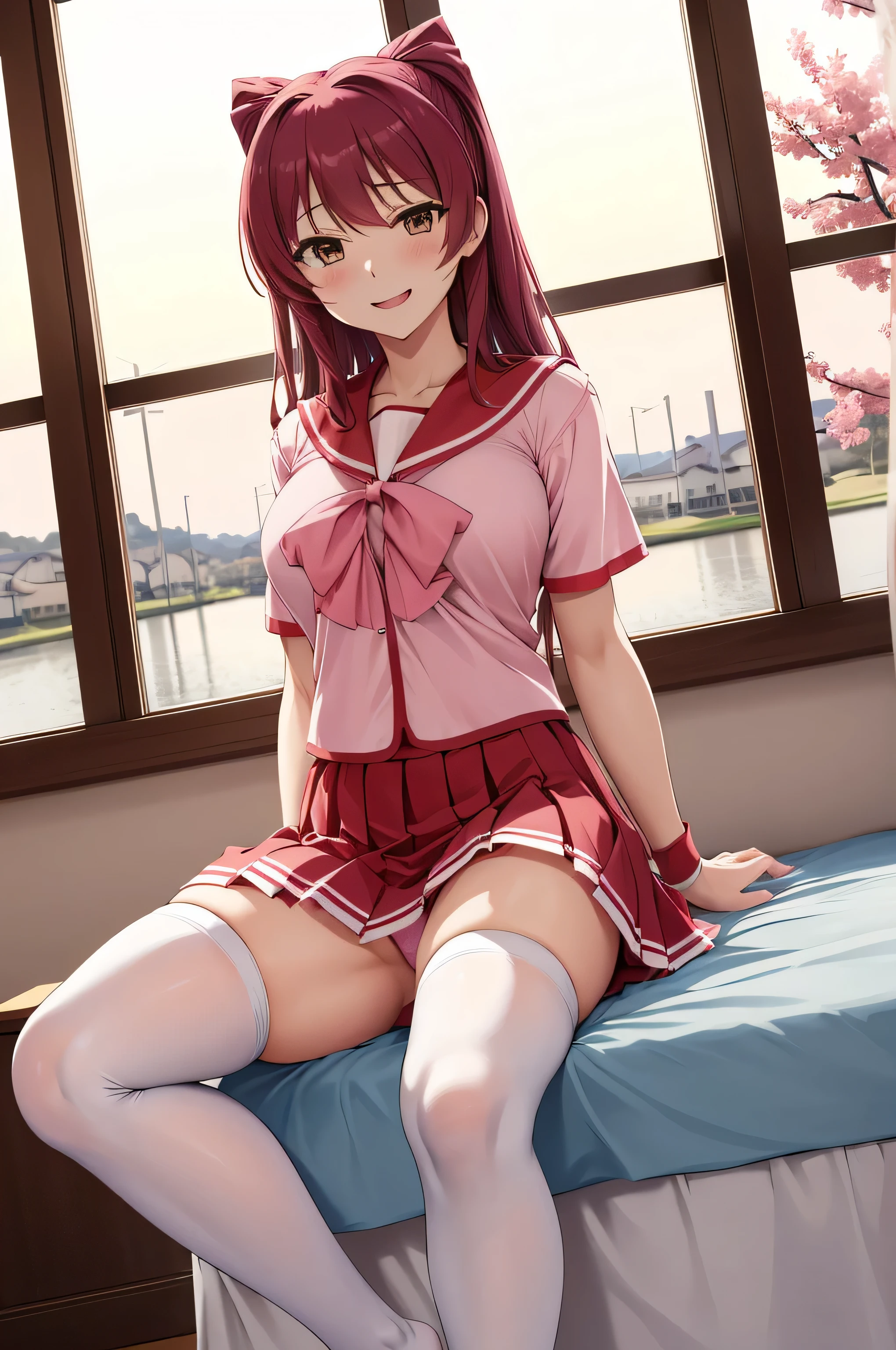 masterpiece, highest quality, High resolution, kousaka tamaki , sailor suit、skirt,Sheer knee socks,female student、evil laughter、Looks like a whole body、A hotel room、kousaka tamaki lifts her skirt and shows off her panties、Pink panties in satin fabric、open your legs