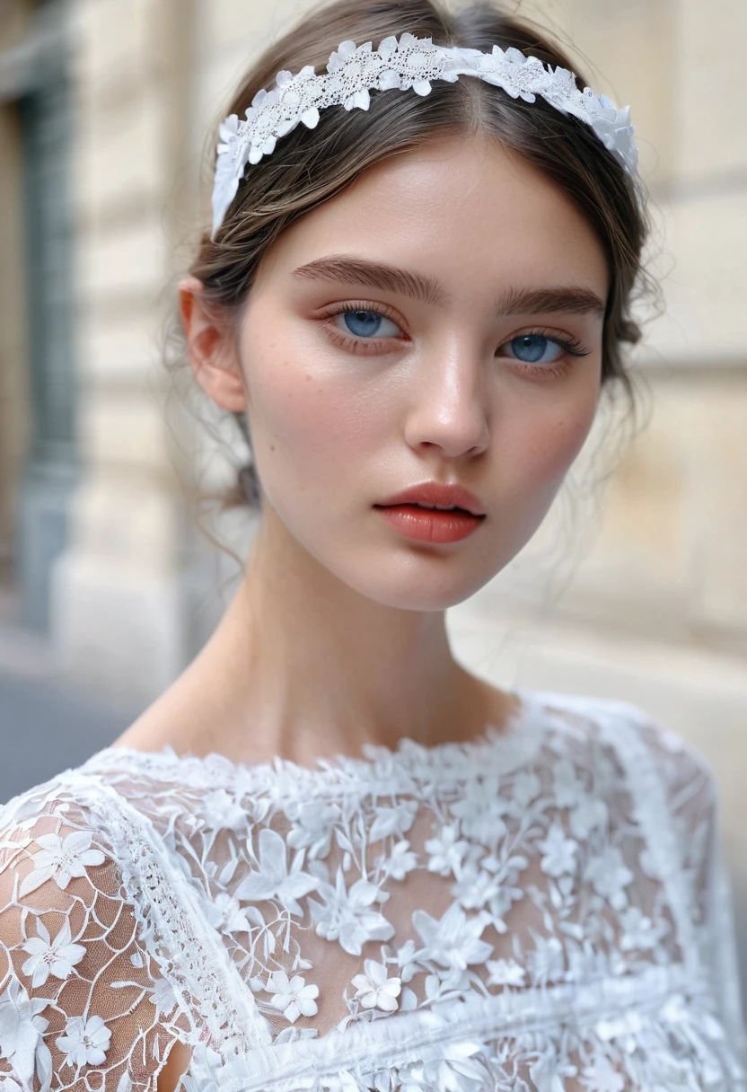(((Masterpiece))),(top quality)),(((super detail)))、paris collection、fashion week、street snap、Fashion model wearing a headband decorated with white lace flowers、plump lips、blue gray eyes、small nose、fashionable、She wore a loose, light white lace summer dress,delicate、transparent、Her skin is as white as porcelain、she is gently lit.very shallow depth of field、 background is blurry、fabric art、art station、impressive、White Tone、realistic、super realistic、