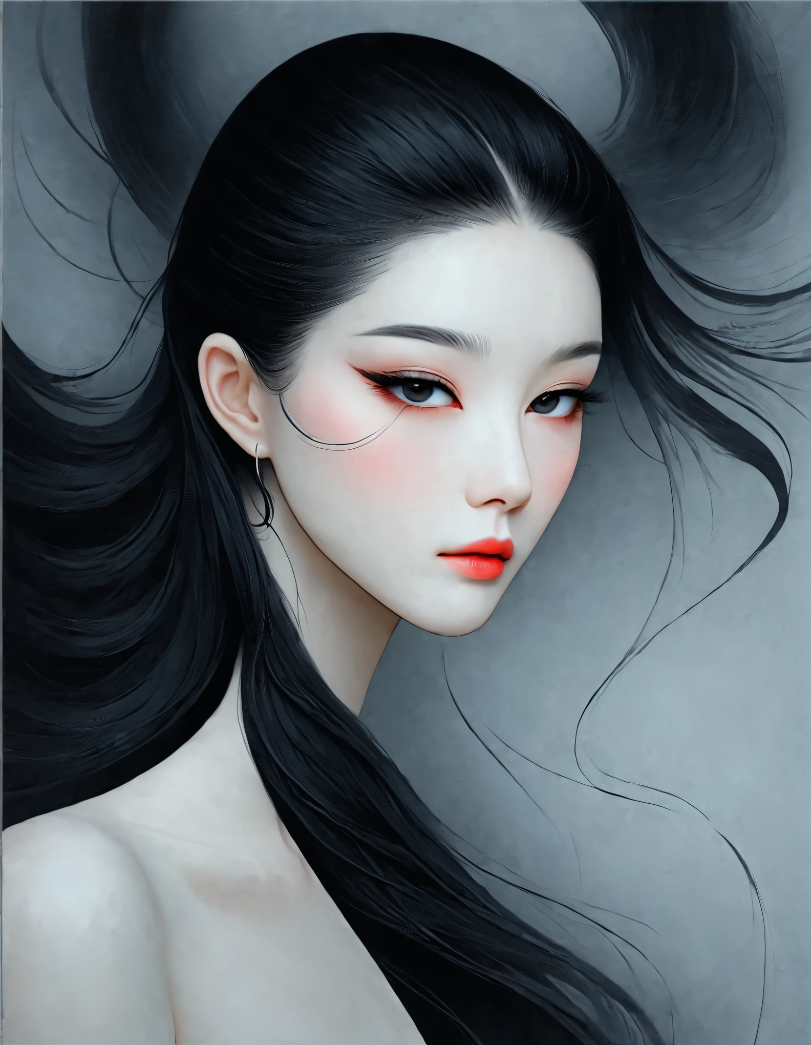 Close up of woman with tattoo on neck, long black hair，Black minimalist clothing，flowing hair，fair face，Foxy, slender, beautiful eyes，by Mei Qing, elegant digital art, A beautiful artistic illustration, author：Yang Jie, Beautiful digital illustrations, beautiful figure painting, 