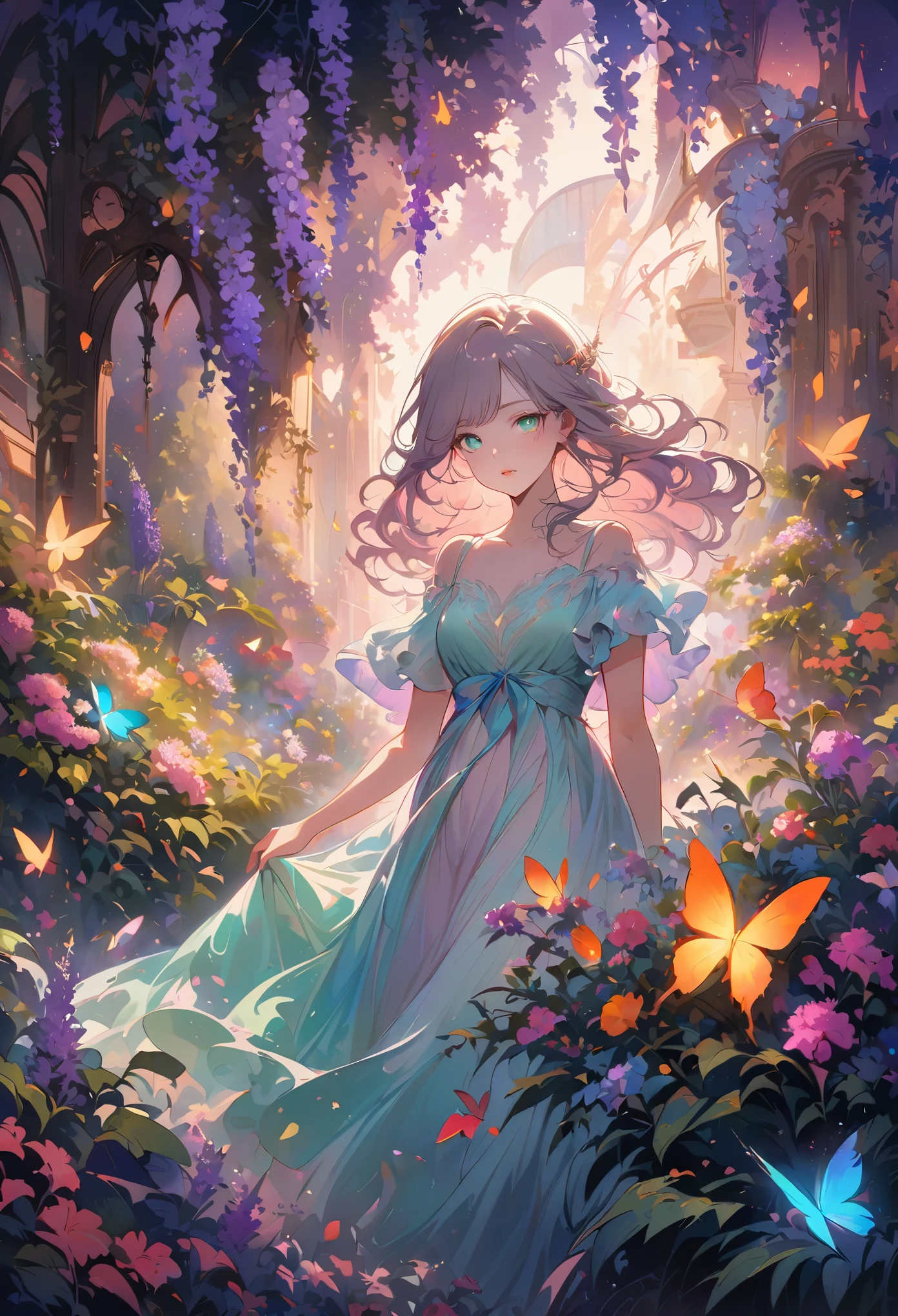 A slender albino girl, (best quality, ultra-detailed) exquisite facial features (long eyelashes, detailed eyes, detailed lips), wearing a flowing pastel dress, standing gracefully in a vibrant garden. The garden is filled with lush greenery, blooming flowers, and colorful butterflies. The sunlight filters through the trees, casting a soft, warm glow on the girl's porcelain-like skin. The atmosphere is dreamlike and ethereal, with a touch of magic. The color palette is soft and delicate, with pastel hues of pink, lavender, and mint green dominating the scene. The overall image is of high resolution, with intricate details capturing every delicate feature of the girl and the garden. The art style is a fusion of traditional painting techniques and digital rendering, resulting in a unique and mesmerizing visual aesthetic. The lighting is soft and diffused, creating a serene and peaceful ambiance.