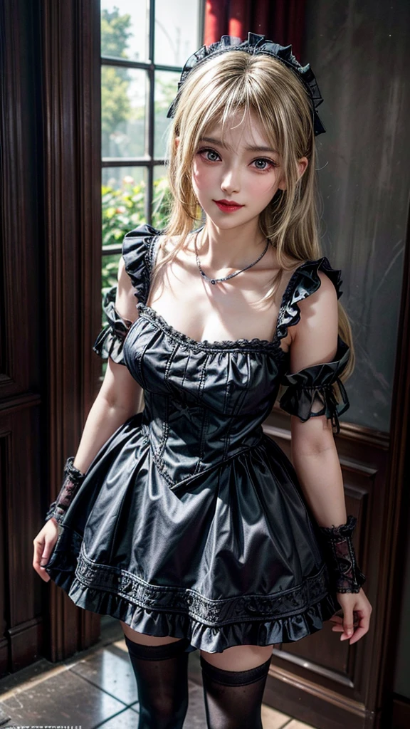 (8K, Photorealistic, Raw photo, of the highest quality: 1.3), (1girl in), Super beautiful, (Realistic face), (boyish, Silver Color Berry Shorthair), Beautiful , Glare that captivates the viewer, Beautiful expression, Beautiful breasts, (Realistic skin), Be...Super high quality, super high definition, super detailed, masterpiece, 20years old, female, cute, perfect face, beautiful, gothic ta clothes, gothic loliashion, frilly skirt, headdress, necklace, bracelet, knee-high socks, boots, double eyelids, tear bags, Detailed down to the fingers, photo-like description, indoors, dim indoor lighting, blonde hair, semi long, standing, whole body, composition that shows the whole body, smiling