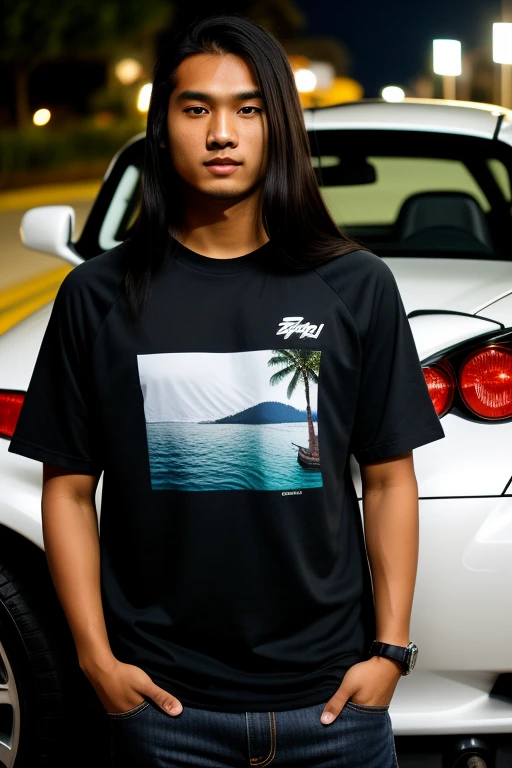 Create a high Full HD 8K resolution, defect-free, full-length photo of a 24-year-old Indonesian man with long straight hair, wearing a RAMEY-labeled raglan shirt and blue jeans, Vans shoes, standing next to a completely modified Toyota Supra MK4 drift car in the Seven Eleven parking lot, night vibes in the background. The young woman next to him is 22 years old.
Detalhado sem defeito: This image is meticulously detailed and flawless.
Full HD 8K resolution: The clear, crisp resolution displays every intricacy with stunning detail.
24-year-old Indonesian