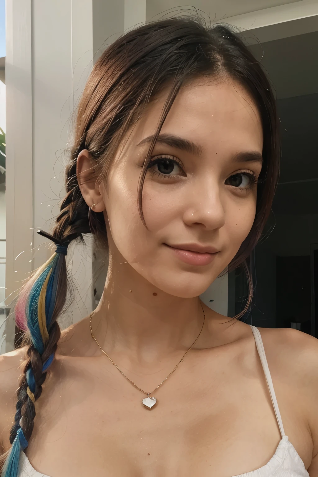 Melhor qualidade, 4K, obra de arte, extremamente detalhado, Alto detalhe, 1 garota, Sozinho, peri, cabelo azul, cabelo sobre um olho, cabelo multicolorido, twintails, cabelo rosa, olhos vermelhos, cabelo em dois tons, armaduras, Sorriso, fundo da cidade em chamas