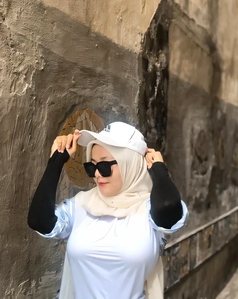 a woman in hijab, detailed picture, same background, same photo, same person, real person, 8K, long scarf covering breast, big boobies