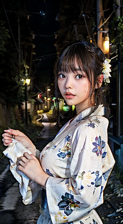 Wearing a white dress,The background is a rainy city