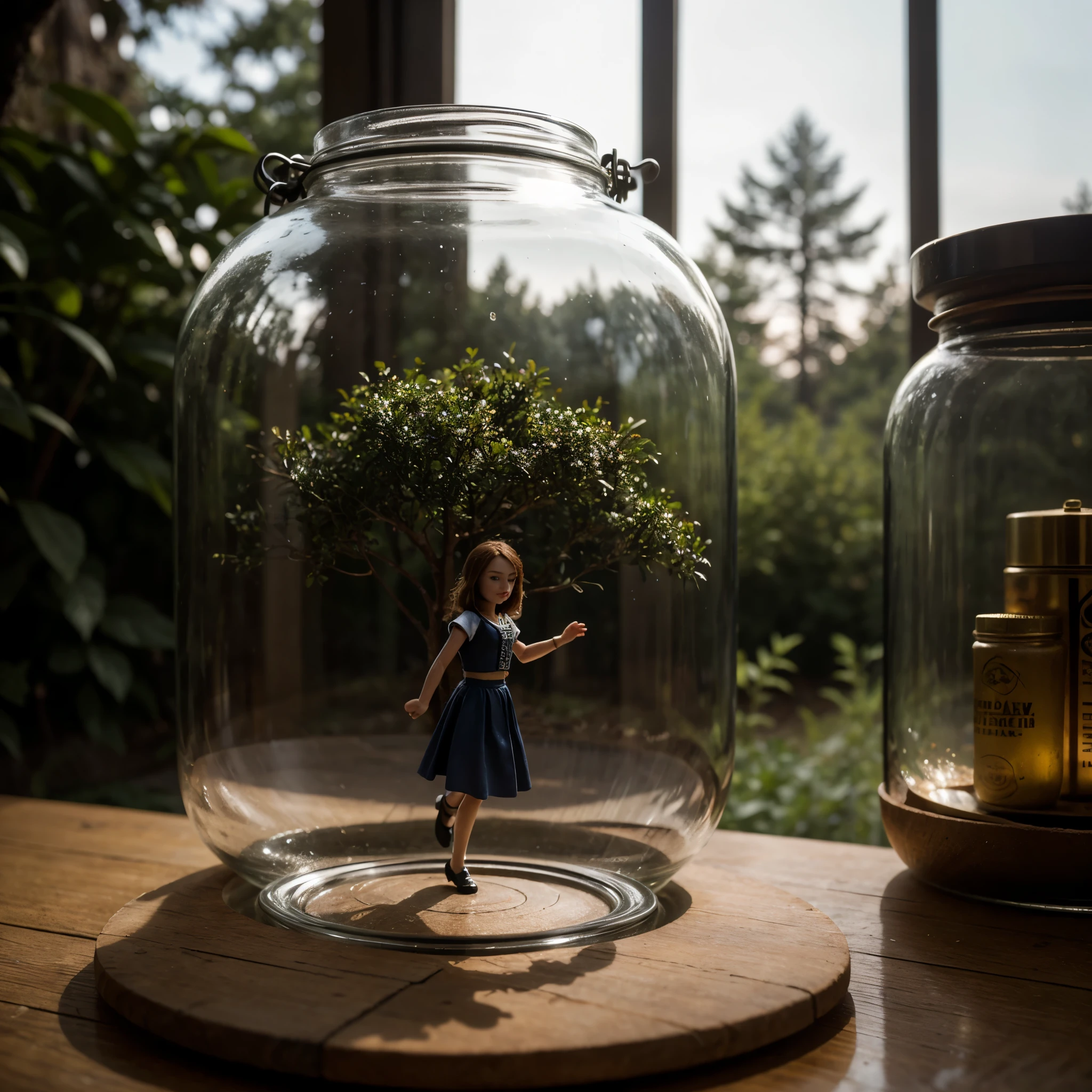 (a detailed miniwoman trapped in a jar), atmospheric oliva lighting, on the table, 4k UHD, dark vibes, hyper detailed, vibrant colours forest background, epic composition, octane render, sharp focus, high resolution isometric, (film grain:1.3), The light is sparkling, high quality photography, 3 point lighting, flash with softbox, 4k, HDR, smooth, sharp focus, high resolution, award winning photo, 80mm, f2.8, bokeh, (a tiny woman trapped in a jar)