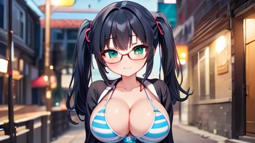 masterpiece,highest quality,wonderful,finely,High resolution,1 girl, big breasts,(striped bra:1.3), black hair, glasses, green eyes,twin tails,full body