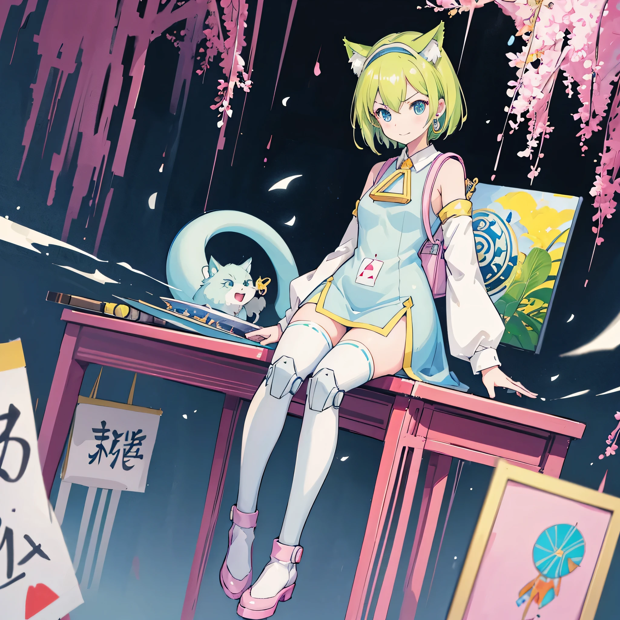 Deltamon,(girl sitting),Light green short bob hair、Light green cat ears headband、Exposing shoulder skin、(Mechanical legs)、light blue tail、pink school bag、light blue dress、White armsleeves、light blue high socks、pink shoes、Triangular metal emblem on chest、Large pocket in the center of the abdomen,break, ((4k,masterpiece,highest quality)), Shuimobisim, traditional chinese ink painting, lotus, maxi kit, alone, smile, Are standing,break,dragon, madeon,(concentration line, speed lines:1.1)、our seeds,anime, fantasy, artwork, artwork, artwork, artwork, artwork, artwork, painting, painting, painting, painting, painting, painting, by ヤン・J, By Ryan Yee, by Li Zai,(Ken Akamatsu:1.6),(AI doesn't stop:1.4),time Machine