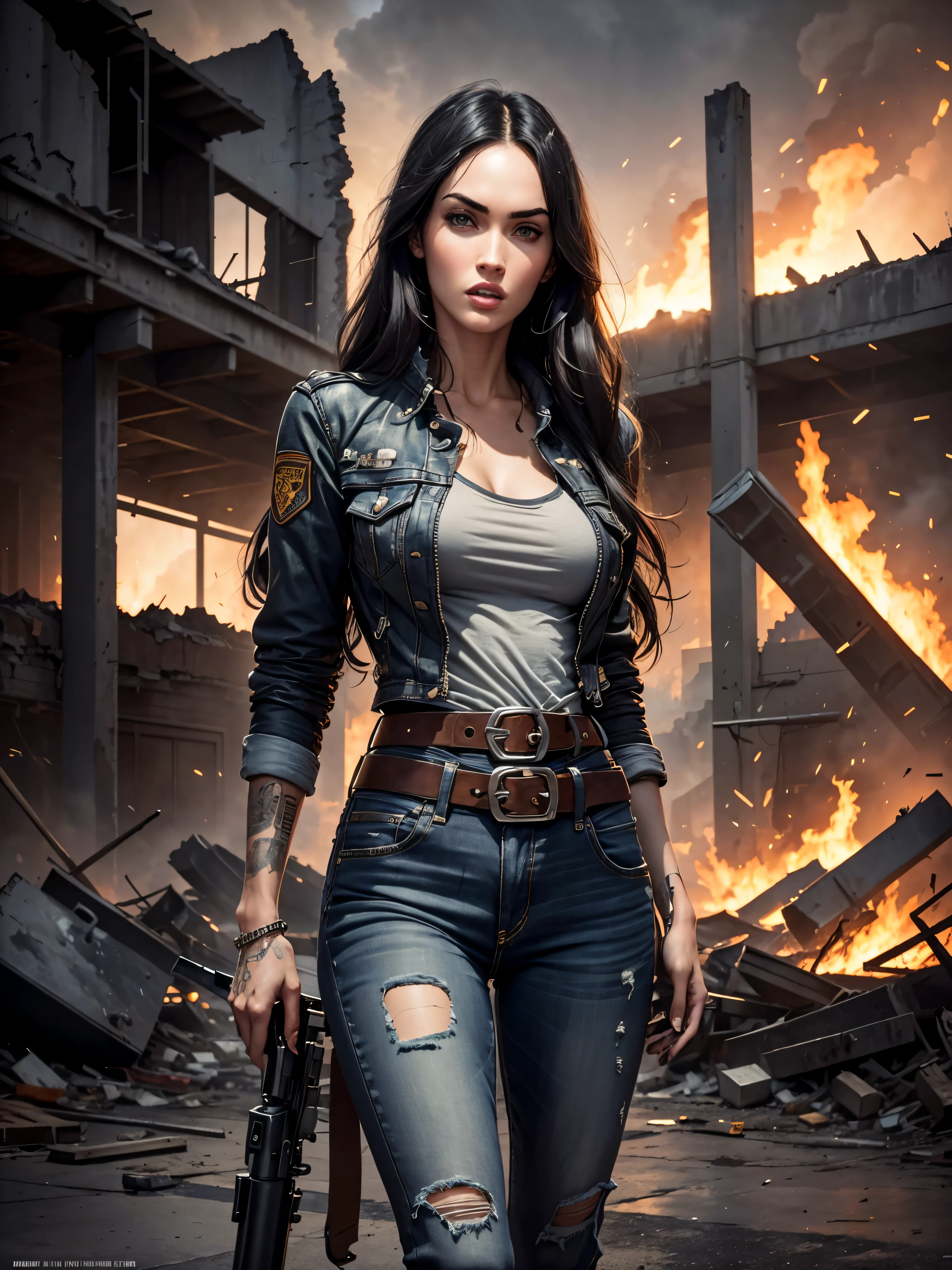 megan fox, long hair, jeans, long jacket, gray t-shirt,1 belt, holster, rivets, just one body, big gun in the hands, in the ruins, explosions behind, fire behind, night, front view