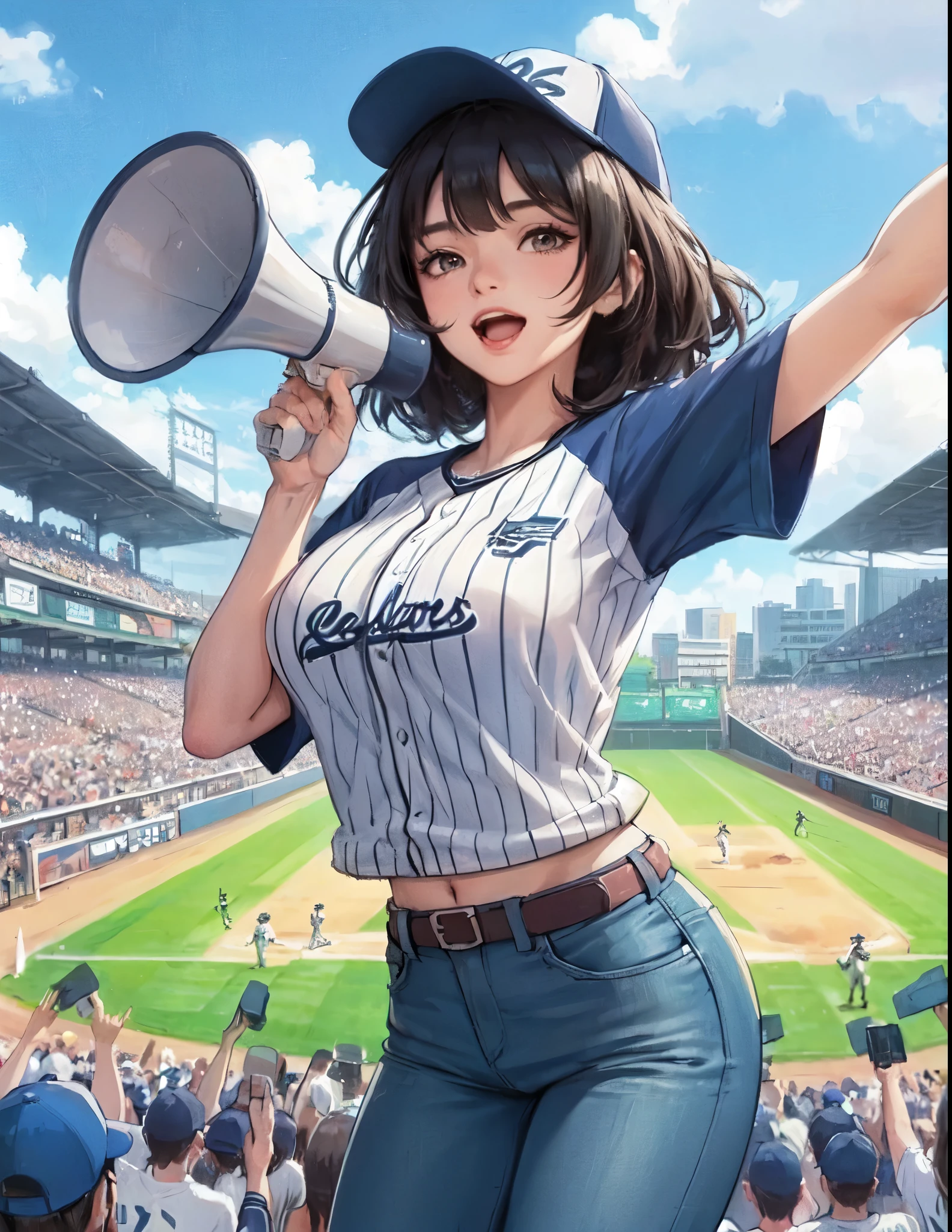 1lady solo, standing, leading crowd in cheers, (baseball uniform shirt), jeggings, baseball cap, mature female, /(black hair/) bangs, (happy smile:0.8), (open mouth), (masterpiece best quality:1.2) delicate illustration ultra-detailed, large breasts, hands spread wide BREAK (holding megaphone) BREAK (baseball stadium) outdoors, lawn, audience, detailed background