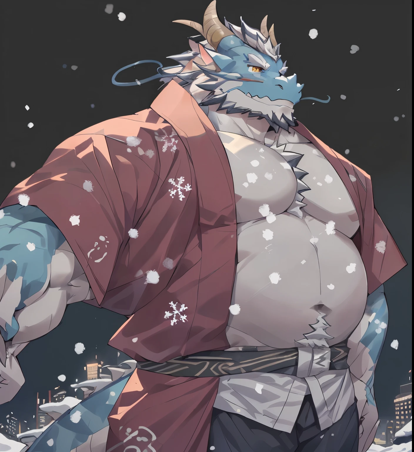 (black skin oriental dragon),(Black and White Yin Yang Shogun Naked Breasts Kimono),Strong stance,stand calmly,(The background is a city covered in ice and snow:1.2),abdomen ,heroic posture valiant,perfect masterpiece,Various facial details,distance perspective,specific description,masterpiece,CG,(golden eyes),black and white pattern,dark purple tail,General,heroic posture,dragon,black and white fur,specific facial details,Half body,(Chang Ling),((middle aged)),(Face focus),(16K),HD,black and white belly,temple,beard,(Noodles),different students,(Black and white yin and yang nude kimono),(black and white hair),Strong,muscle,(High resolution:1.3),(Standing in front of the snow-covered city),(close up),(Detailed face:1.5),Perfect details,(Half body),(Detailed depiction of face:1.5),(Zoom in on face:1.5),(White Noodles:1.2),(black beard:1.3),(white face;1.6),white body，Dense chest hair，dense abdomen hair，naked abdomen，Naked breasts，Fat body