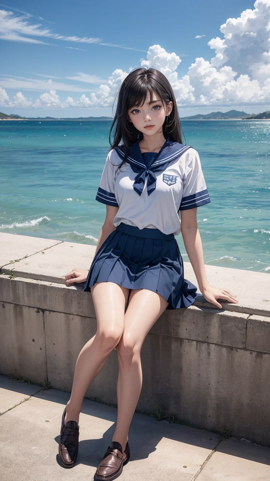 ((最high quality, 8K, masterpiece: 1.3, Ultra HD, high quality, 最high quality, High resolution, realism)) 、An extremely beautiful 18-year-old Japanese woman、hair color is black、black eye、medium hair、straight hair、smile、Slender but well-proportioned muscular body、Athlete-like body type、I don&#39;t want my head to disappear from the screen.、sit on a high breakwater on the beach、The blue sky is beautiful、There is an entrance cloud、It&#39;s summer、I'm wearing a sailor suit、Wear a navy blue pleated skirt、wear loafers、There is a road in front of the breakwater、There is a sign indicating the bus stop.、The sea is beautiful、The horizon looks beautiful、An island can be seen off the coast
