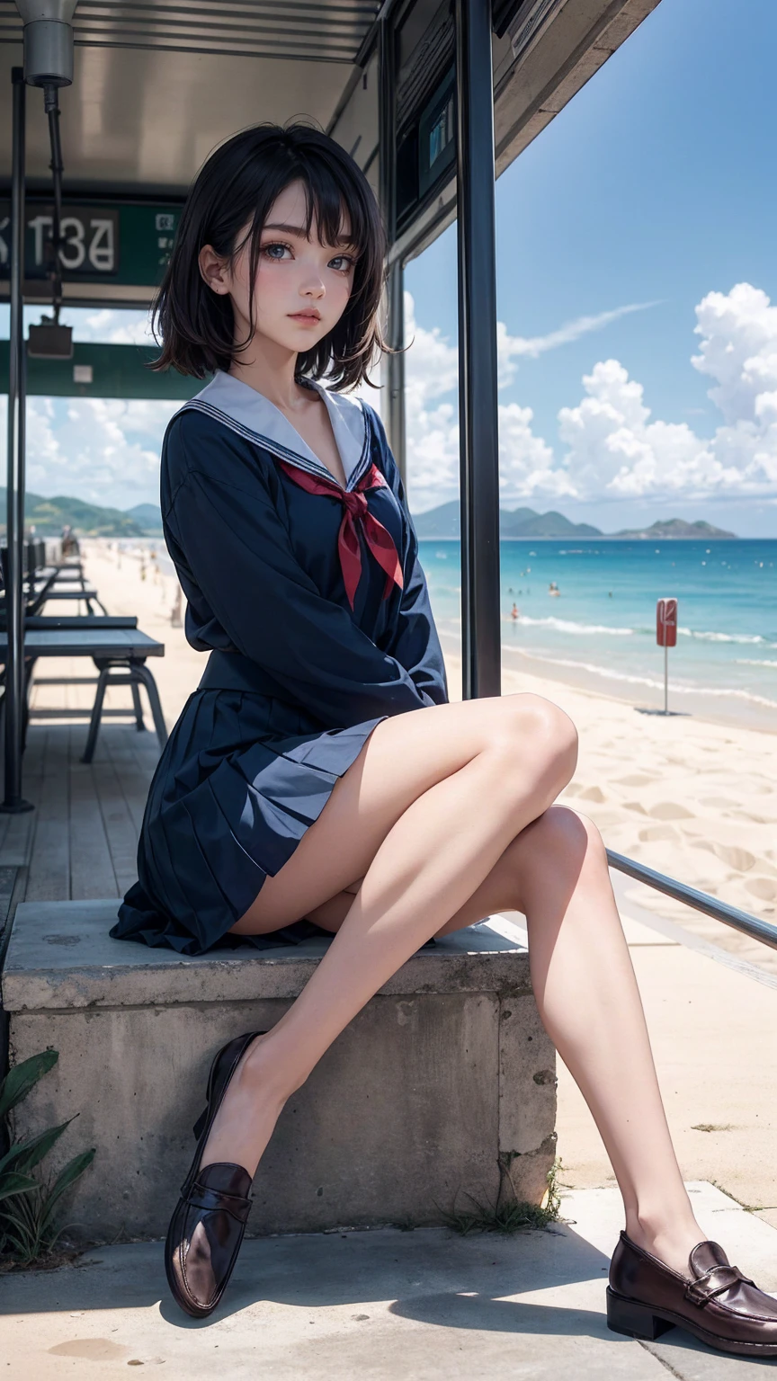 ((最high quality, 8K, masterpiece: 1.3, Ultra HD, high quality, 最high quality, High resolution, realism)) 、An extremely beautiful 18-year-old Japanese woman、hair color is black、black eye、medium hair、straight hair、smile、Slender but well-proportioned muscular body、Athlete-like body type、I don't want my head to disappear from the screen.、sit on a high breakwater on the beach、The blue sky is beautiful、There is an entrance cloud、It's summer、I'm wearing a sailor suit、Wear a navy blue pleated skirt、wear loafers、There is a road in front of the breakwater、There is a sign indicating the bus stop.、The sea is beautiful、The horizon looks beautiful、An island can be seen off the coast