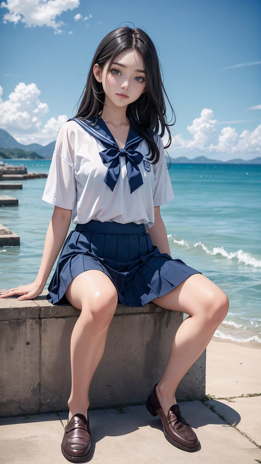 ((最high quality, 8K, masterpiece: 1.3, Ultra HD, high quality, 最high quality, High resolution, realism)) 、An extremely beautiful 18-year-old Japanese woman、hair color is black、black eye、medium hair、straight hair、smile、Slender but well-proportioned muscular body、Athlete-like body type、I don't want my head to disappear from the screen.、sit on a high breakwater on the beach、The blue sky is beautiful、There is an entrance cloud、It's summer、I'm wearing a sailor suit、Wear a navy blue pleated skirt、wear loafers、There is a road in front of the breakwater、There is a sign indicating the bus stop.、The sea is beautiful、The horizon looks beautiful、An island can be seen off the coast