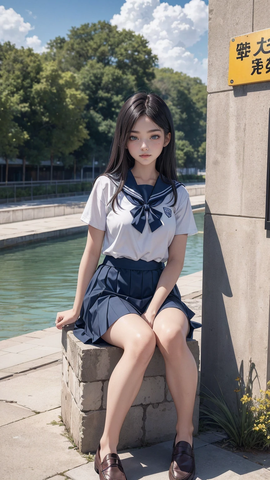 ((最high quality, 8K, masterpiece: 1.3, Ultra HD, high quality, 最high quality, High resolution, realism)) 、An extremely beautiful 18-year-old Japanese woman、hair color is black、black eye、medium hair、straight hair、smile、Slender but well-proportioned muscular body、Athlete-like body type、I don&#39;t want my head to disappear from the screen.、sit on a high breakwater on the beach、The blue sky is beautiful、There is an entrance cloud、It&#39;s summer、I'm wearing a sailor suit、Wear a navy blue pleated skirt、wear loafers、There is a road in front of the breakwater、There is a sign indicating the bus stop.、The sea is beautiful、The horizon looks beautiful、An island can be seen off the coast