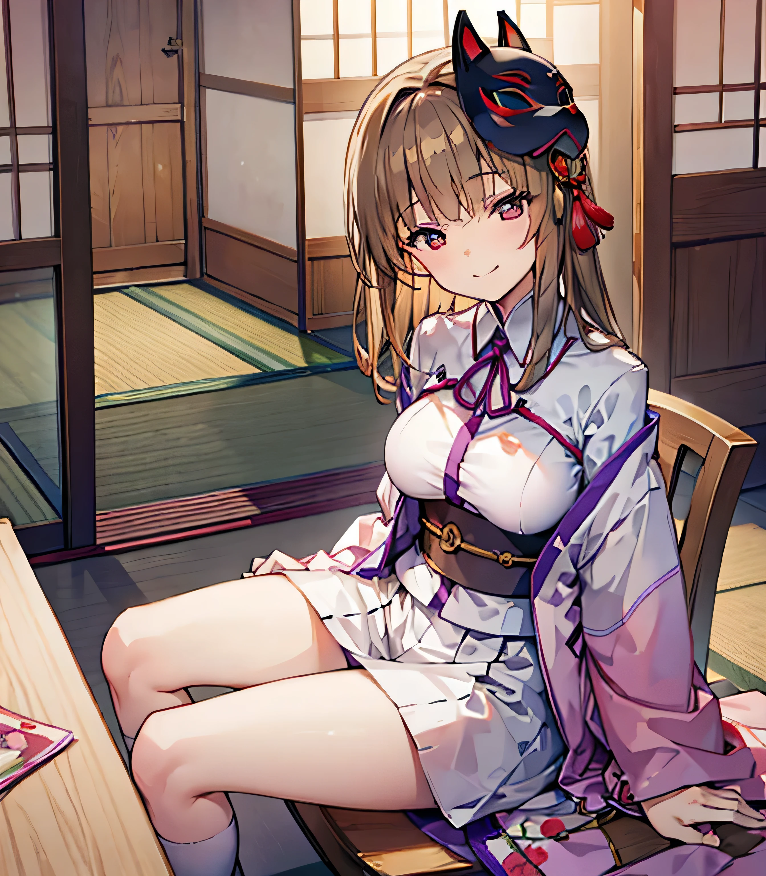 smile、Breast flick、kimono、mask、sit on a chair、exposing the chest、Japanese style room、tits、Red narrow eyes、light brown hair