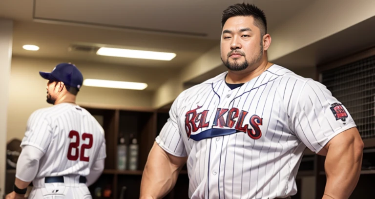 (wearing baseball uniform:1.4), (at club locker room:1.2), 40's, Japanese man, Chinese man, Korean man, Taiwanese man, manly face, fat face, (round face:1.4), (monolid eyes:1.2), (buzz cut:1.4), very large and strong body, bulky body, beefy muscles, (bulging muscles:1.4), (very large pectoral muscles:1.4), (muscular arms:1.4), muscular abs, muscular legs, muscular back, brightens oily skin, master piece, (realistic:1.4), panorama, distant view