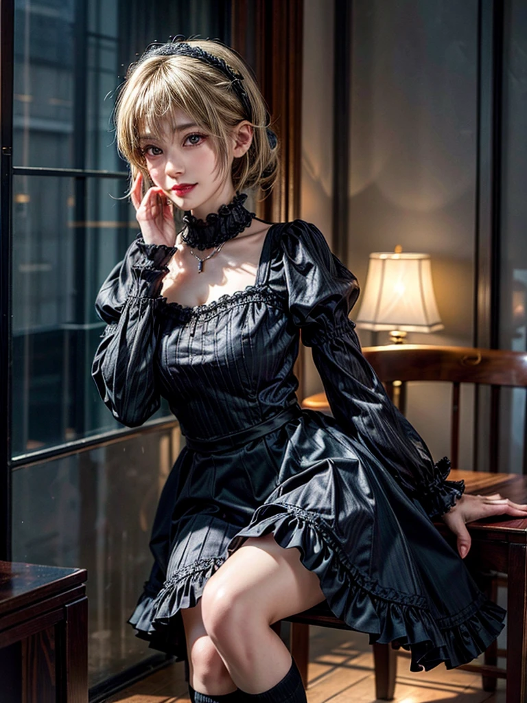 misa amane, Death, Blonde, Twin tail hair, Black Ribon, gothic dress, Short skirt, no sleeves, Holding a DEET Note in your hand、1girll,(Captivating quality:1.4),(True textured skins of the highest quality), Delicate face,Black hair, Gradient Hair, petite body,(perfect bodies:1.1), long eyelasher,grin, hyperphotorealism, Cinematic lighting, projected inset, surrealism, hyper HD, masutepiece, Dream On,legs slightly open,Fantasy space,Luxurious space