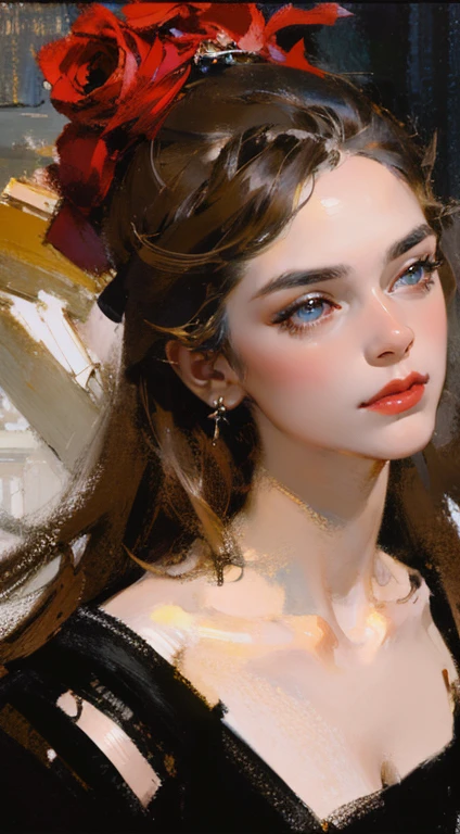 a close up of a woman with a red rose in her hair, beautiful character painting, style in digital painting, digital painting style, elegant digital painting, exquisite digital illustration, gorgeous digital painting, valentina remenar, stunning digital painting, by Galen Dara, martin ansin artwork portrait, epic portrait illustration, digital painting art, realistic painting style, style digital painting