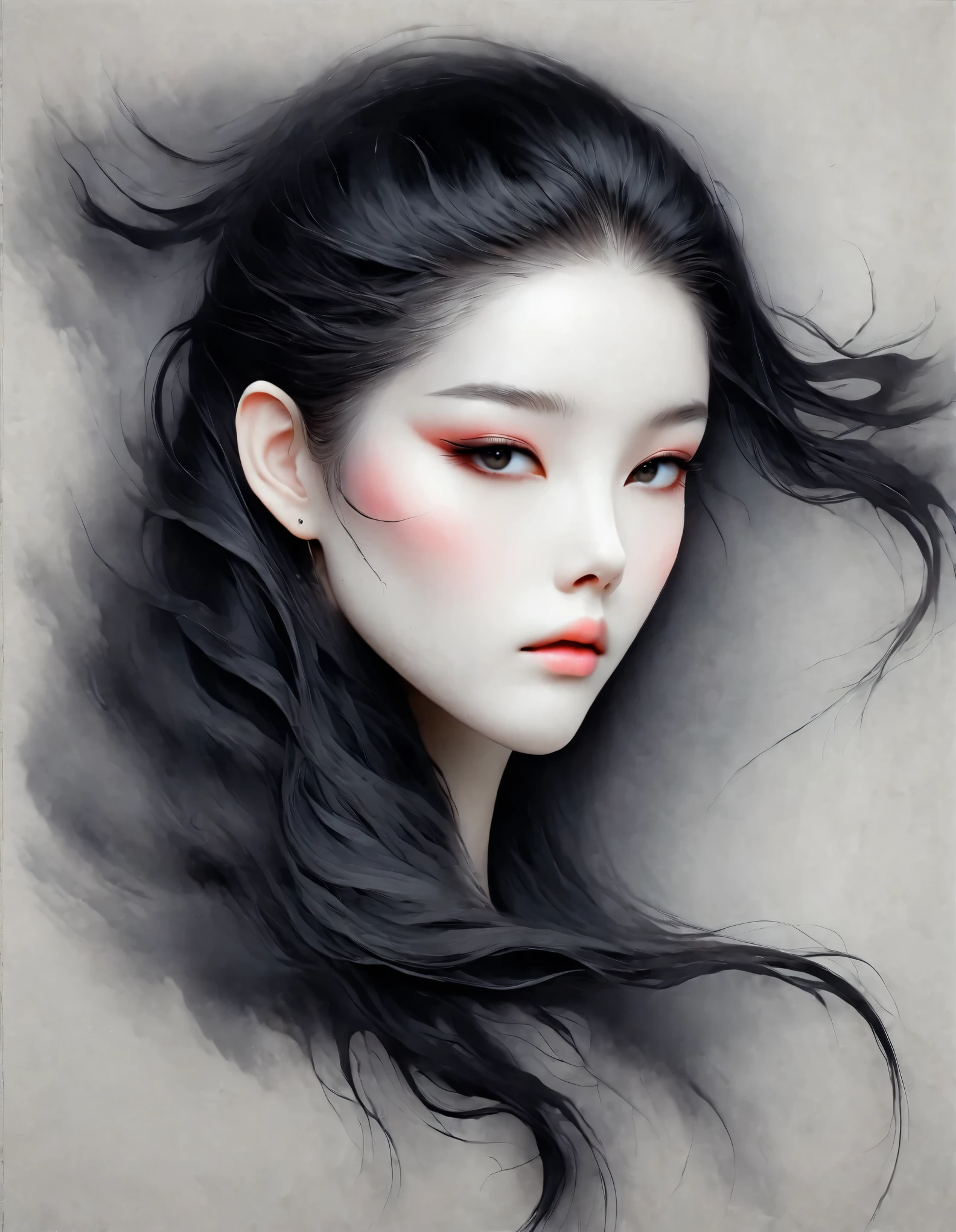 Close up of woman with tattoo on neck, long black hair,Black minimalist clothing,flowing hair,fair face,Foxy, slender, beautiful eyes,by Mei Qing, elegant digital art, A beautiful artistic illustration, author:Yang Jie, Beautiful digital illustrations, beautiful figure painting,