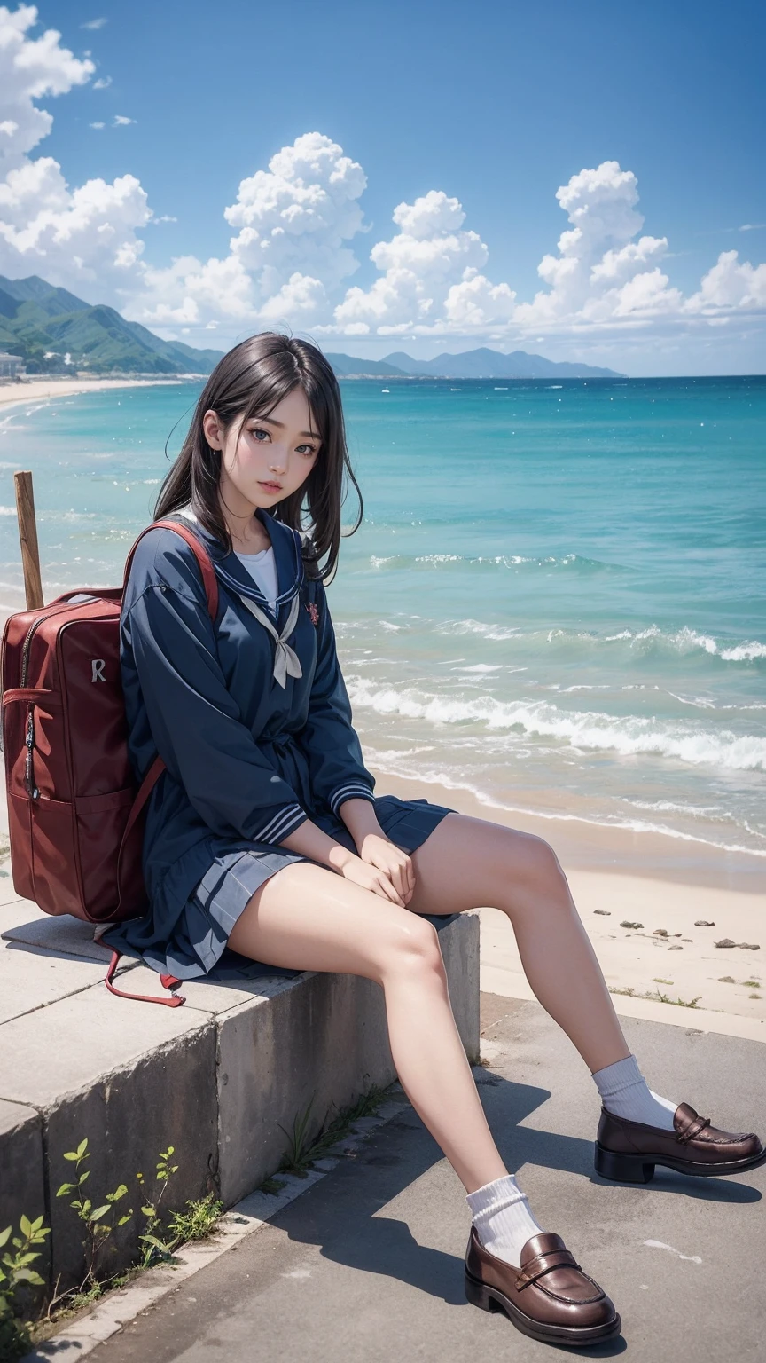 ((最high quality, 8K, masterpiece: 1.3, Ultra HD, high quality, 最high quality, High resolution, realism)) 、An extremely beautiful 18-year-old Japanese woman、hair color is black、black eye、medium hair、straight hair、smile、Slender but well-proportioned muscular body、Athlete-like body type、I don't want my head to disappear from the screen.、sit on a high breakwater on the beach、The blue sky is beautiful、There is an entrance cloud、It's summer、I'm wearing a sailor suit、Wear a navy blue pleated skirt、wear loafers、There is a road in front of the breakwater、There is a sign indicating the bus stop.、The sea is beautiful、The horizon looks beautiful、An island can be seen off the coast