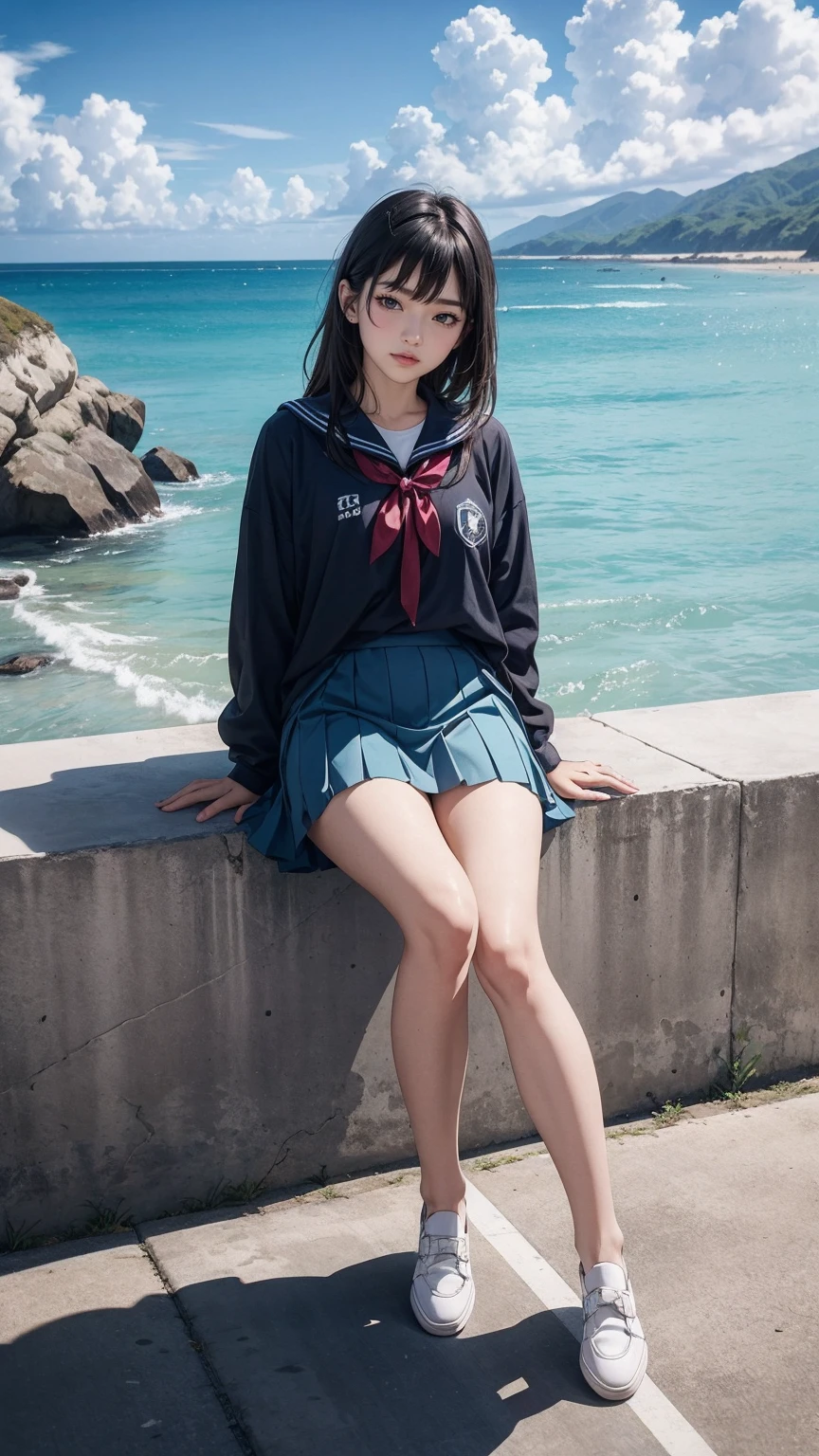((最high quality, 8K, masterpiece: 1.3, Ultra HD, high quality, 最high quality, High resolution, realism)) 、An extremely beautiful 18-year-old Japanese woman、hair color is black、black eye、medium hair、straight hair、smile、Slender but well-proportioned muscular body、Athlete-like body type、I don't want my head to disappear from the screen.、sit on a high breakwater on the beach、The blue sky is beautiful、There is an entrance cloud、It's summer、I'm wearing a sailor suit、Wear a navy blue pleated skirt、wear loafers、There is a road in front of the breakwater、There is a sign indicating the bus stop.、The sea is beautiful、The horizon looks beautiful、An island can be seen off the coast