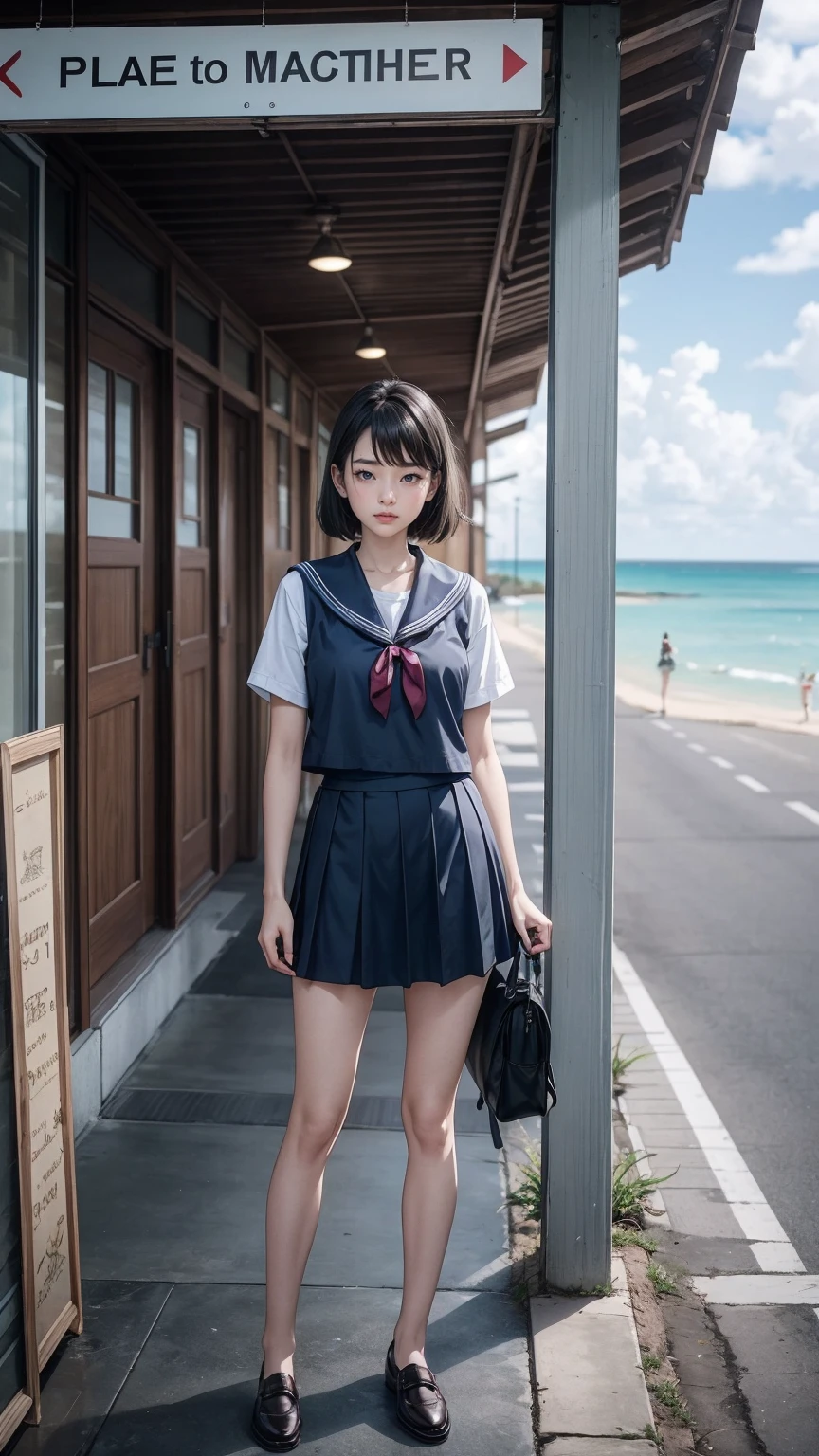 ((最high quality, 8K, masterpiece: 1.3, Ultra HD, high quality, 最high quality, High resolution, realism)) 、An extremely beautiful 18-year-old Japanese woman、hair color is black、black eye、medium hair、straight hair、smile、Slender but well-proportioned muscular body、Athlete-like body type、I don&#39;t want my head to disappear from the screen.、sit on a high breakwater on the beach、The blue sky is beautiful、There is an entrance cloud、It&#39;s summer、I'm wearing a sailor suit、Wear a navy blue pleated skirt、wear loafers、There is a road in front of the breakwater、There is a sign indicating the bus stop.