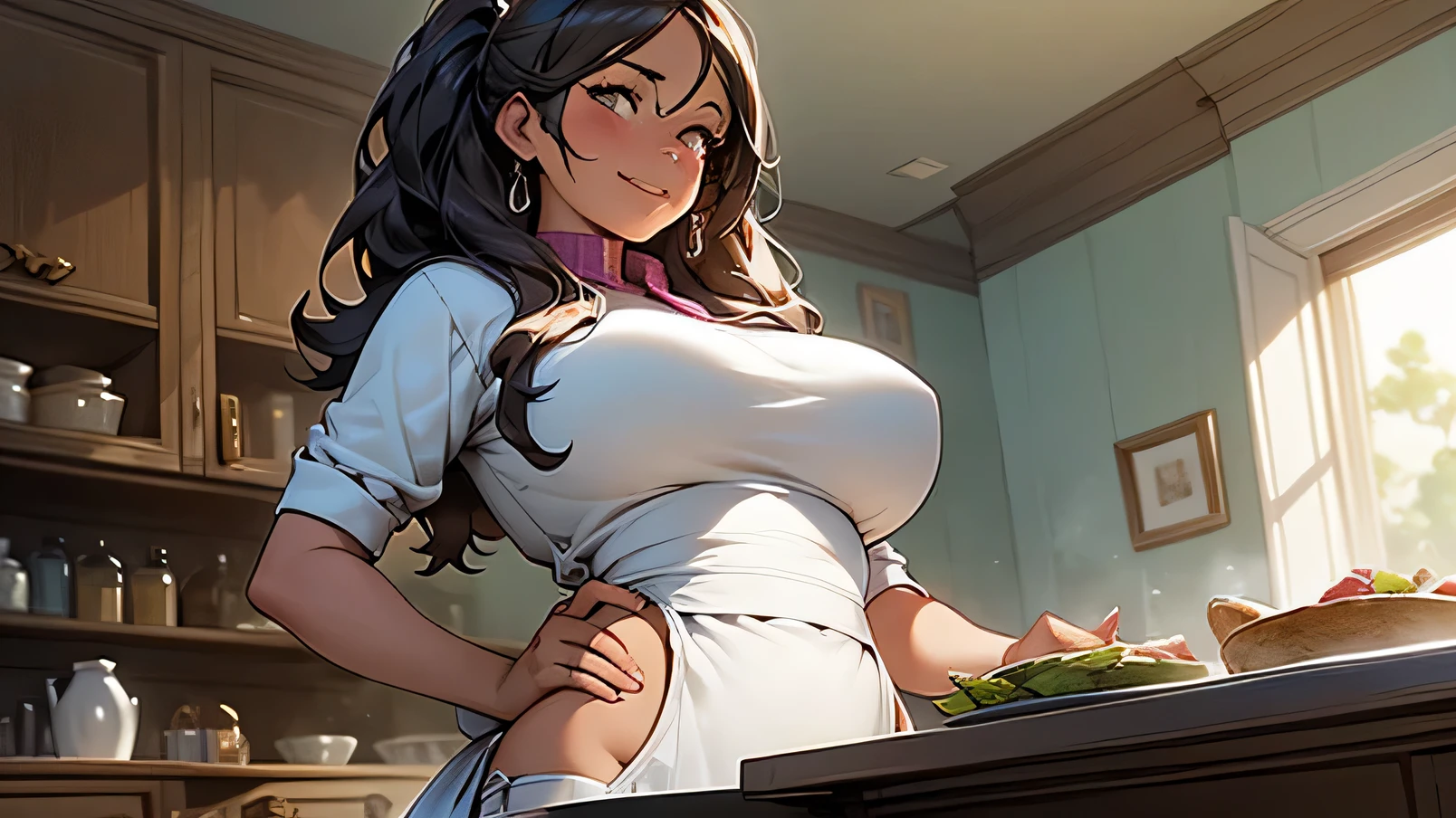 personaje animado, A confident, curvy woman with a captivating smile, mostrando su voluptuosa figura y una cintura bien definida, culata, vista trasera, en una encantadora escena de cocina, where she exudes the role of a skilled and stylish housewife, wearing a beautifully designed apron, Preparando perfectamente una deliciosa cena para impresionar a todos.