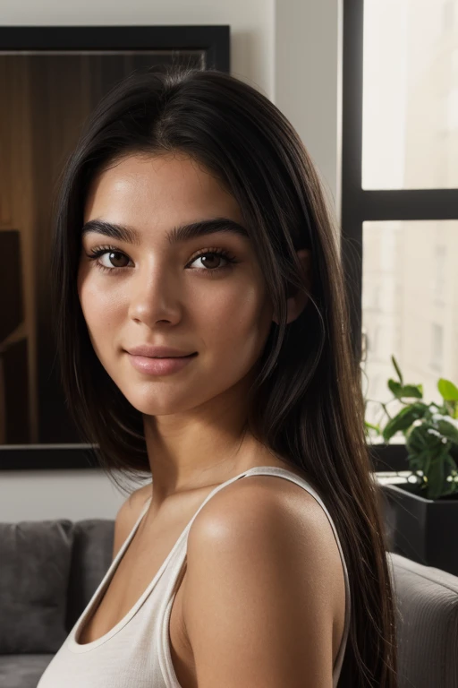 (amateur 1.2), amateur camera selfie of 21 years old caucasian female, black hair, low exposure, low lighting, unprofessional natural lighting, realistic lighting, dark light, low light, very black eyes with hyperrealistic eye lashes, hyper realistic skin all over her, beautiful face, detailed face, image noise, detailed skin texture, eyebrow details showing each individual hair, black tank top, huge , slightly smiling looking sexy, hyper realistic skin, long messy hair, white skin caucasian female, long hair, inside modern living room, naked