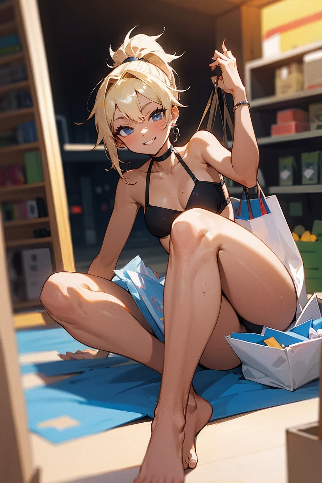 masterpiece,highest quality,official art,Highly detailed CG Unity 8K wallpaper, 1 cute tanned girl, black bra,black bikini,flat chest,toned body,barefoot,shopping bag,Iinside the shopping mall,ponytail,blonde,I&#39;,smiling face tanned skin,Bright atmosphere in the store,sexy pose,((ultra wide angle photo)),The entire body fits compactly in the center,full body,surrounded by people,