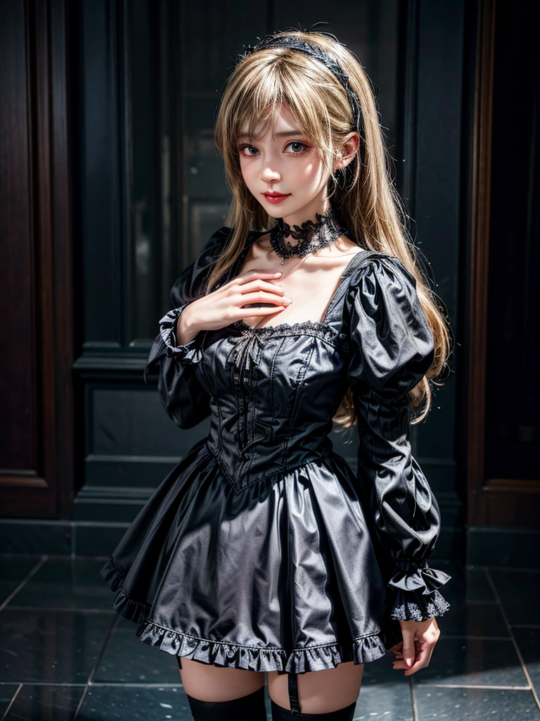 (8K, Photorealistic, Raw photo, of the highest quality: 1.3), (1girl in), Super beautiful, (Realistic face), (boyish, Silver Color Berry Shorthair), Beautiful , Glare that captivates the viewer, Beautiful expression, Beautiful breasts, (Realistic skin), Be...Super high quality, super high definition, super detailed, masterpiece, 20years old, female, cute, perfect face, beautiful, nice body, gothic ta clothes, gothic loliashion, frilly skirt, headdress, necklace, bracelet, knee-high socks, boots, double eyelids, tear bags, Detailed down to the fingers, photo-like description, indoors, dim indoor lighting, blonde hair, short bob, standing, whole body, composition that shows the whole body, smiling
