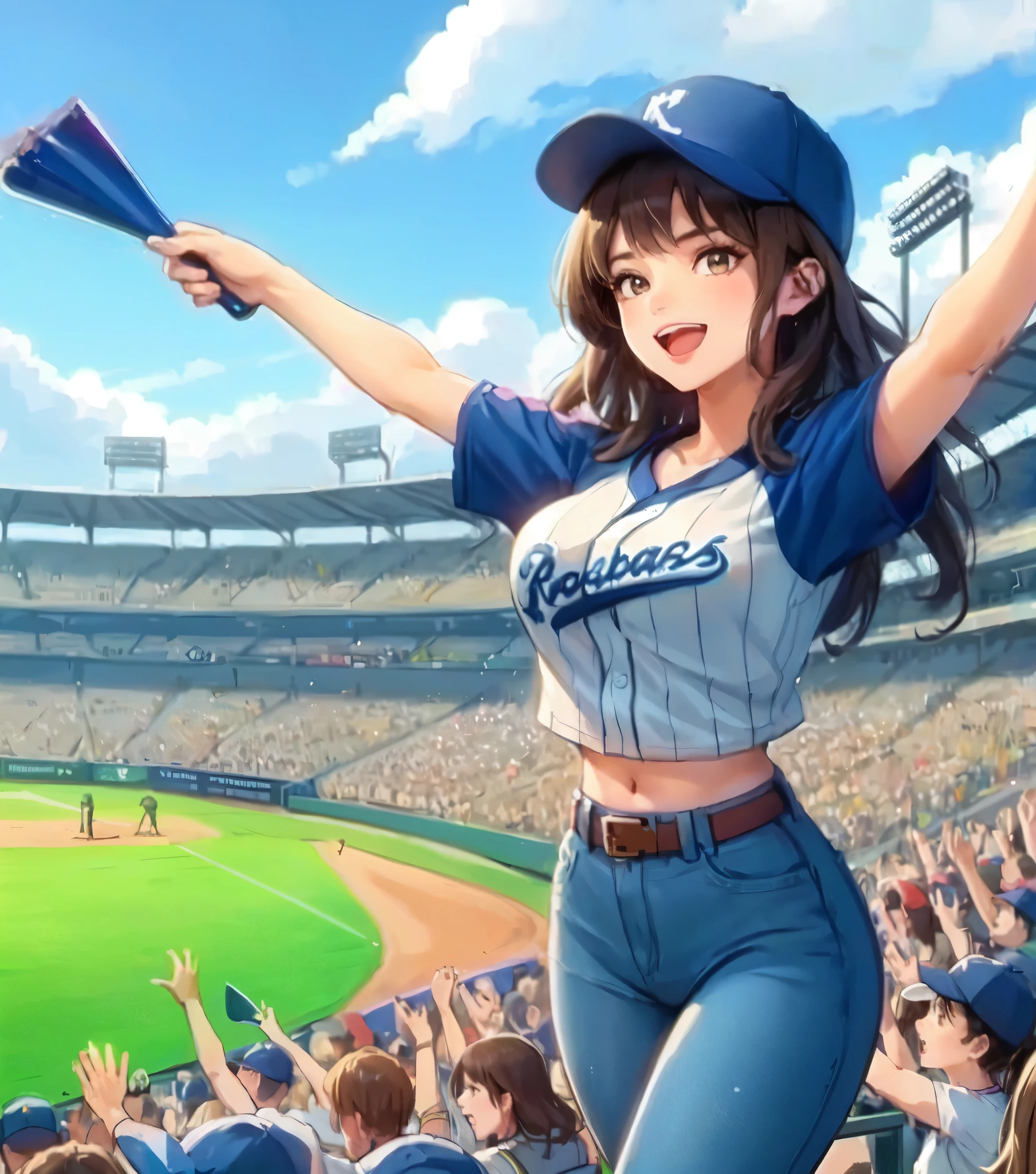 1lady solo, standing, leading crowd in cheers, (baseball uniform shirt), jeggings, baseball cap, mature female, /(brown hair/) bangs, (happy smile:0.8), (open mouth), (masterpiece best quality:1.2) delicate illustration ultra-detailed, large breasts, hands spread wide BREAK (holding noisemaker) in hand BREAK (baseball stadium) outdoors, lawn, audience, detailed background