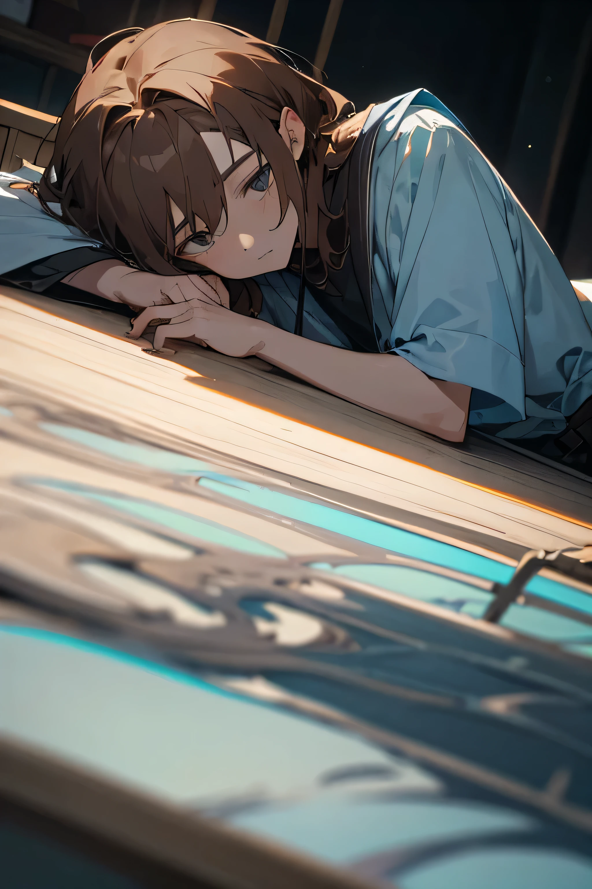 Boys around 165cm tall,Brown hair scattered in front of forehead,Pupils are light blue,But there is no ripple in his eyes,Lying on the table,The whole thing exudes a gloomy atmosphere。