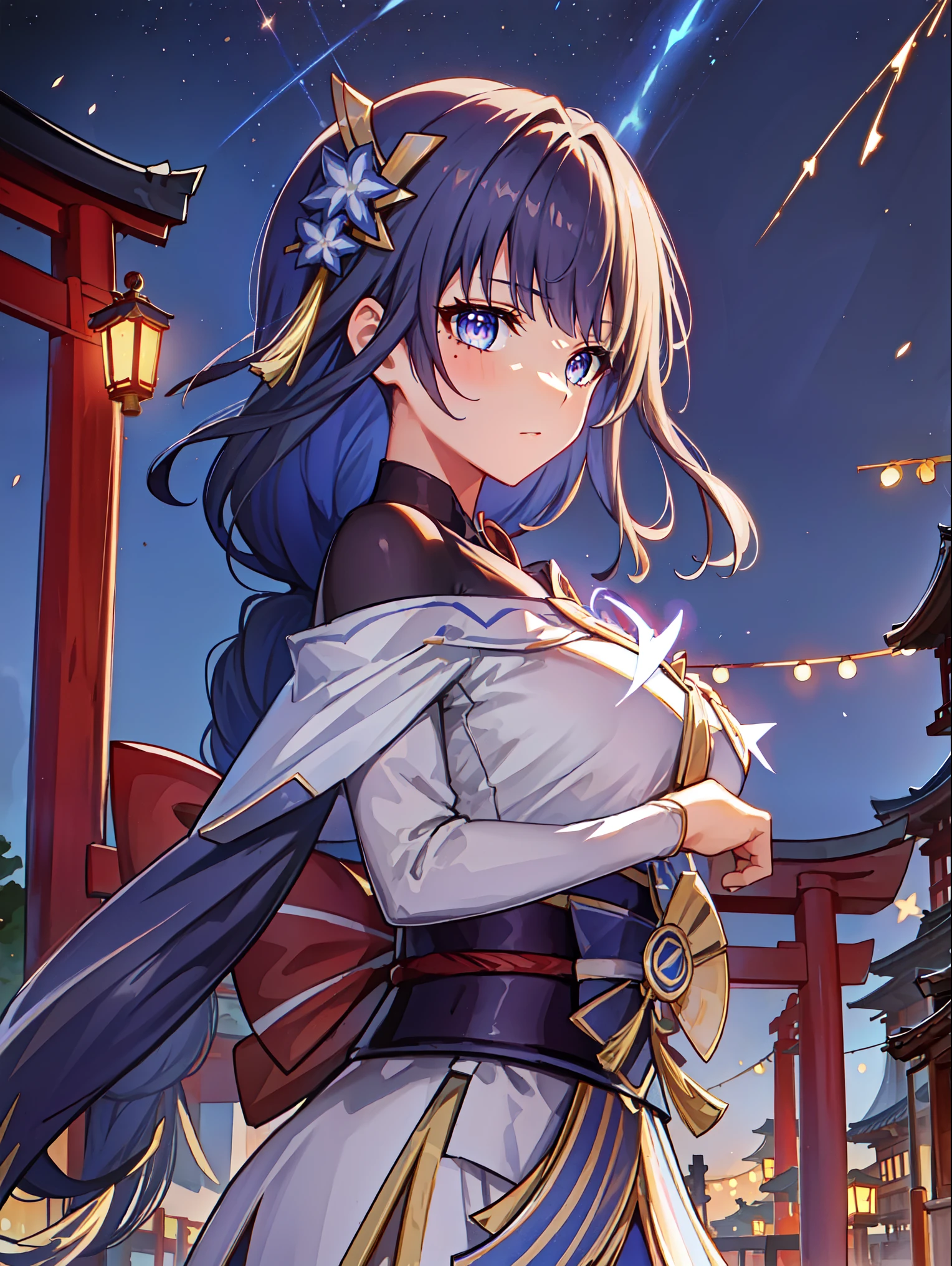 thunder電将軍, 日本のshrineで艶かしく微笑むthunder電将軍, big breasts, Moonlight night, goofy face,masterpiece,shrine,Senbon Torii,thunder,紫の閃light,light,Lens flare,Starry sky full of stars,milky way,Super realistic pussy and pubic hair