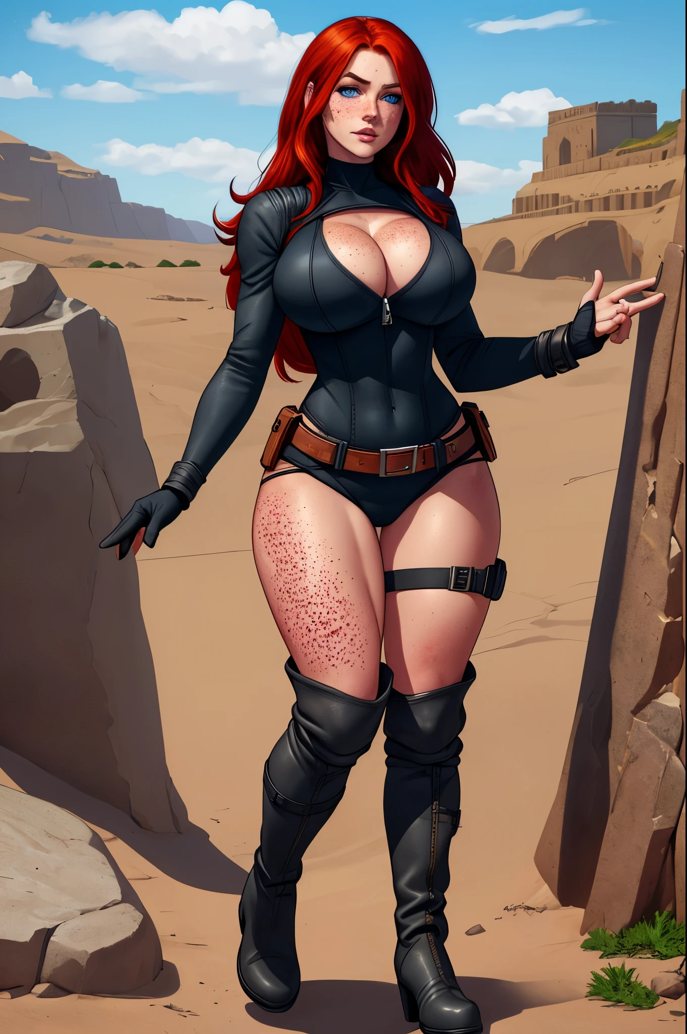 gorgeous Irish woman, cleavage, black leather bodysuit, red hair, (freckles), heavy boots, clear blue eyes, standing, seductive, belts