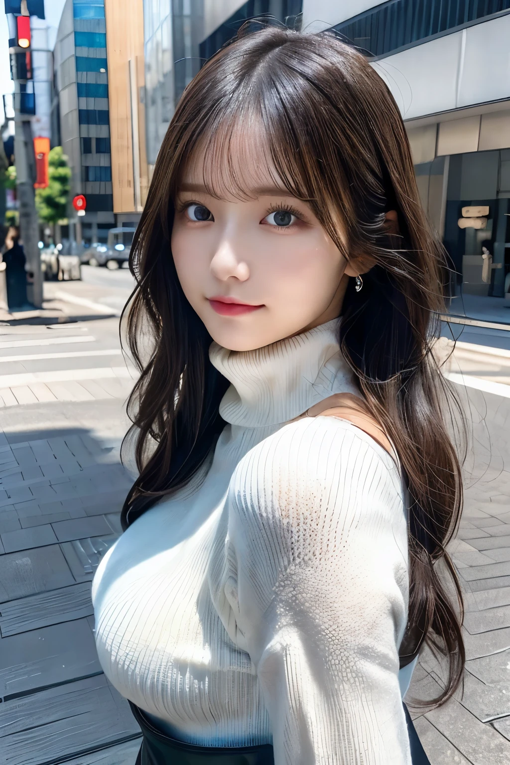 (huge tit、Turtleneck Knitwear、Shoulder bag)、(highest quality,masterpiece:1.3,超A high resolution,),(super detailed,caustics),(Photoreal:1.4,RAW shooting,)ultra-realistic capture,very detailed,High definition 16K for human skin、 Natural skin texture、、Skin looks even-toned and healthy、 Use natural light and color,one woman,white european,,cute,black haired, black long hair,(Depth of the bounds written、chromatic aberration、、wide range of lighting、natural shading、)、(hair swaying in the wind:1.2)、Tokyo cityscape, red glossy lips, dark long hair, Blue or green eyes