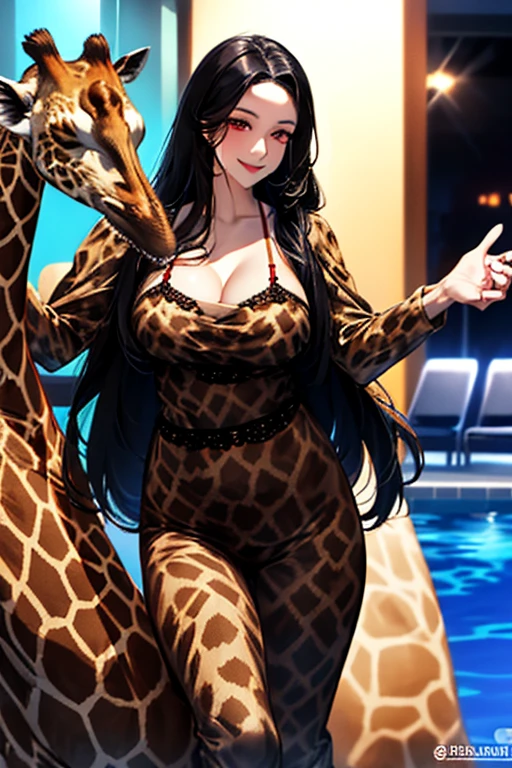 Black hair, long hair, red eyes, sexy, large breasts, beautiful body, masterpiece, smile, ((giraffe print lingerie)), sexy lingerie, hotel swimming pool,busty, buxom, curvy, voluptuous