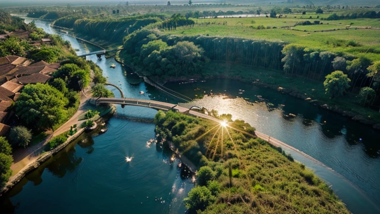 Create an aerial landscape featuring the winding Nile River surrounded by lush greenery, with the sunlight casting a warm glow over the scene.