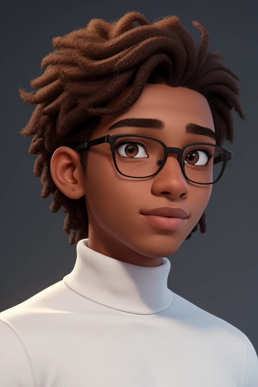 (best quality,4k,8k,highres,masterpiece:1.2),ultra-detailed,realistic,portrait,ager,young black man,19year old-old,brown disheveled hair,cute face,boxy face,brown eyes,beautiful detailed eyes,beautiful detailed lips,white turtleneck,soft lighting,vivid colors,studio background with thin framed glasses