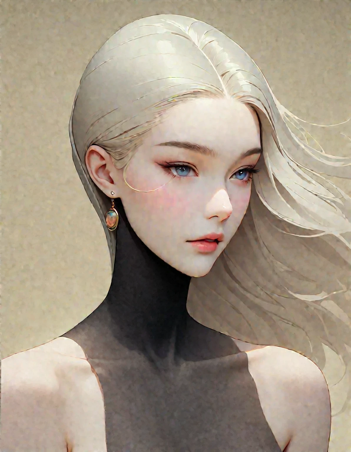 Close up of woman with tattoo on neck, long black hair，Black minimalist clothing，flowing hair，fair face，White and smooth skin，Foxy, slender, beautiful eyes，by Mei Qing, elegant digital art, A beautiful artistic illustration, author：Yang Jie, Beautiful digital illustrations, beautiful figure painting,Ultra HD clear，super high quality，Gouache painting combined with photography