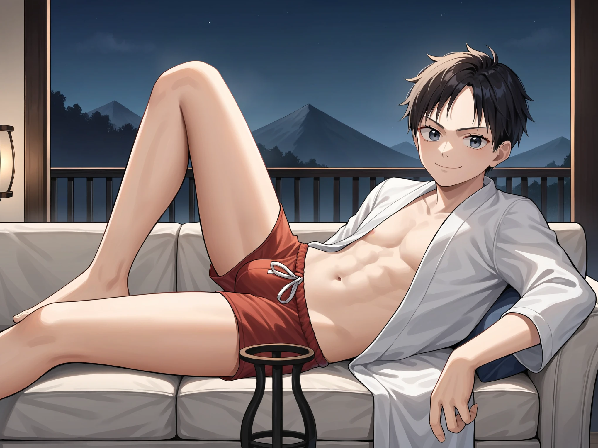 source_anime,score_9,score_8_up, score_7_up, 1boy,solo,outdoors,one piece, apex legends, wraith, couch, indoors, seductive, face closeup, ((closed mouth)), smirk, thighs, long shot, balcony, mountain and riverbackground, fancy, white couch, laying, leaning, front view, red underwear, shorts with rope outline, white robe, genderswap, genderbend, bulge, genderbend ftm, ftm, short hair, femboy, Japanese rope underwear, shota, young, very young, aged down, lole, tiny, night time, smug, smirk, night, after dark