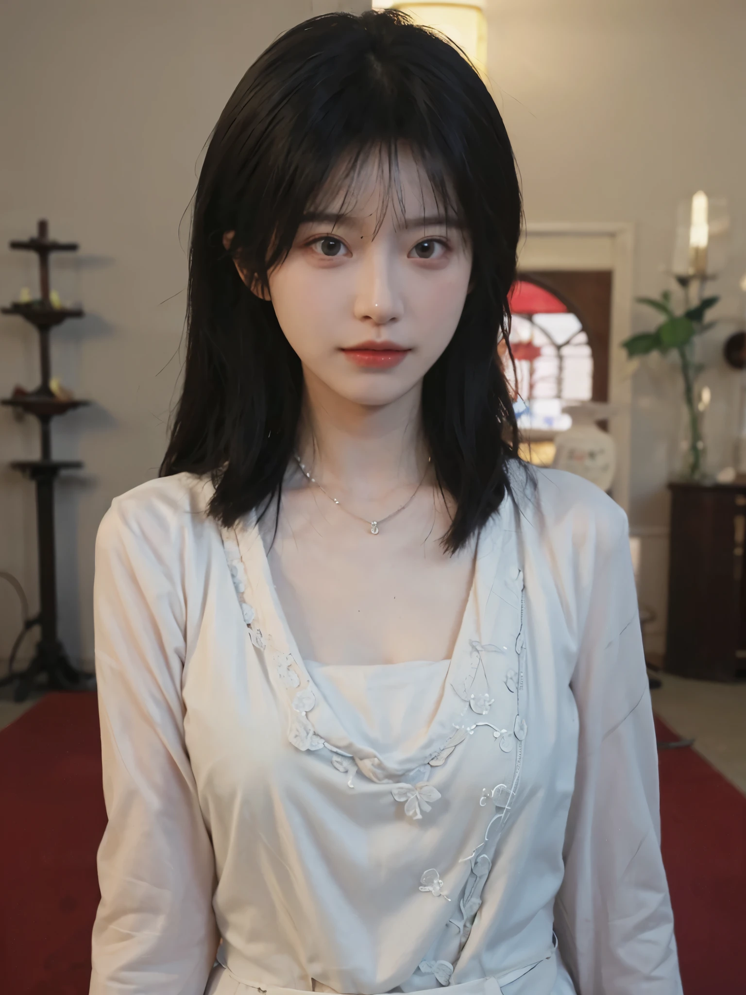 best quality， ultra high resolution， （realistically：1.4），cute hairpin，Baoyu Girl，Standing in the wedding hall，（flat chest：1.2） ，A pair of clear and charming peach blossom eyes,Royal sister，The sun shines on the face，Big wavy hairstyle，（necklace：1.2），（White skin：1.4），a sense of atmosphere，a beautiful girl，looking directly at the viewer， Close-up cleavage ，(lifelike:1.4),1 girl,Sexy,(Upper body:1.4),(wet),(:1.2)