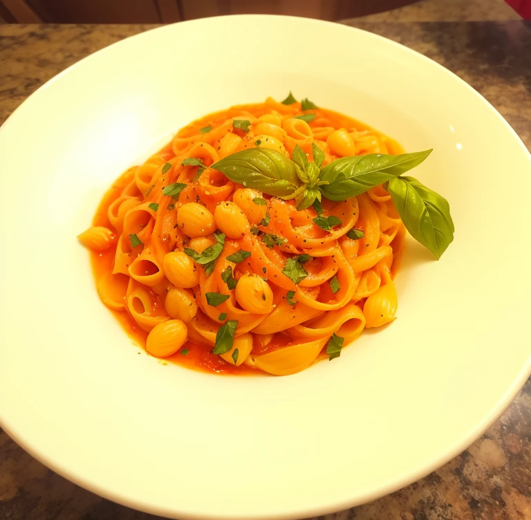 arafed pasta with tomato sauce and garnished with basil, served with pasta, pasta, by Ella Guru, very very happy!, yummy, inspired by Matteo Pérez, inspired by Gianfredo Camesi, sienna, inspired by Michelangelo Buonarotti, by Juan O'Gorman, inspired by Antonín Chittussi, inspired by Géza Dósa