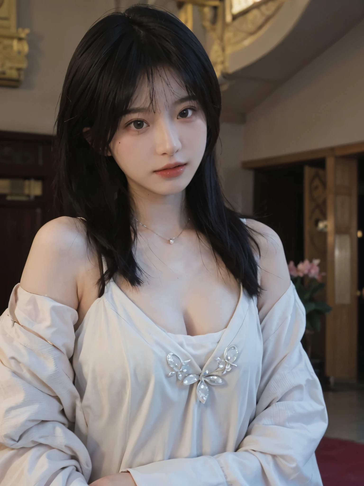 best quality， ultra high resolution， （realistically：1.4），cute hairpin，Baoyu Girl，Standing in the wedding hall，（flat chest：1.2） ，A pair of clear and charming peach blossom eyes,Royal sister，The sun shines on the face，Big wavy hairstyle，（necklace：1.2），（White skin：1.4），a sense of atmosphere，a beautiful girl，looking directly at the viewer， Close-up cleavage ，(lifelike:1.4),1 girl,Sexy,(Upper body:1.4),(wet),(:1.2)