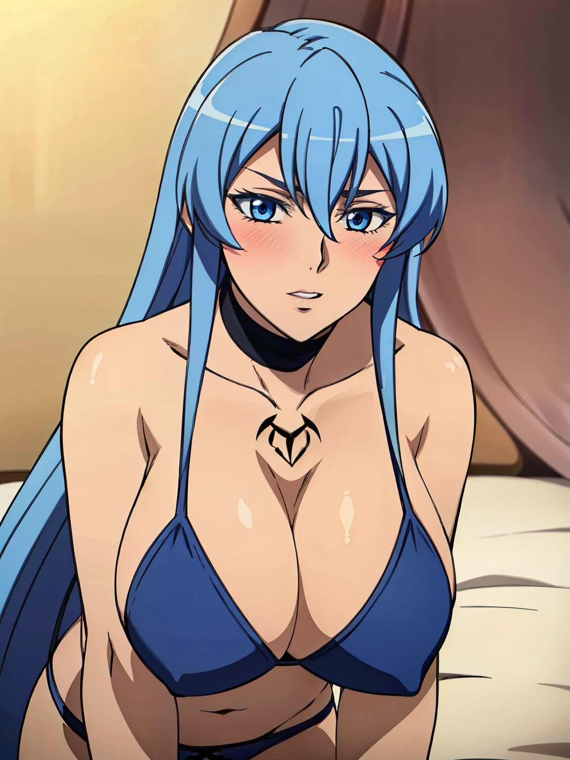 all fours, want to give a kiss, choker, blue bikini, chest tattoo, inside the tent, inside luxury tent background, esdeath, anime cels style, best quality, high resolution, 1girl, (huge breasts:1.2), mature women, blue hair, long hair, blue eye, blue eyebrow, beautiful face, (cowboy shot), looking at viewer, blushing, puckered up lips