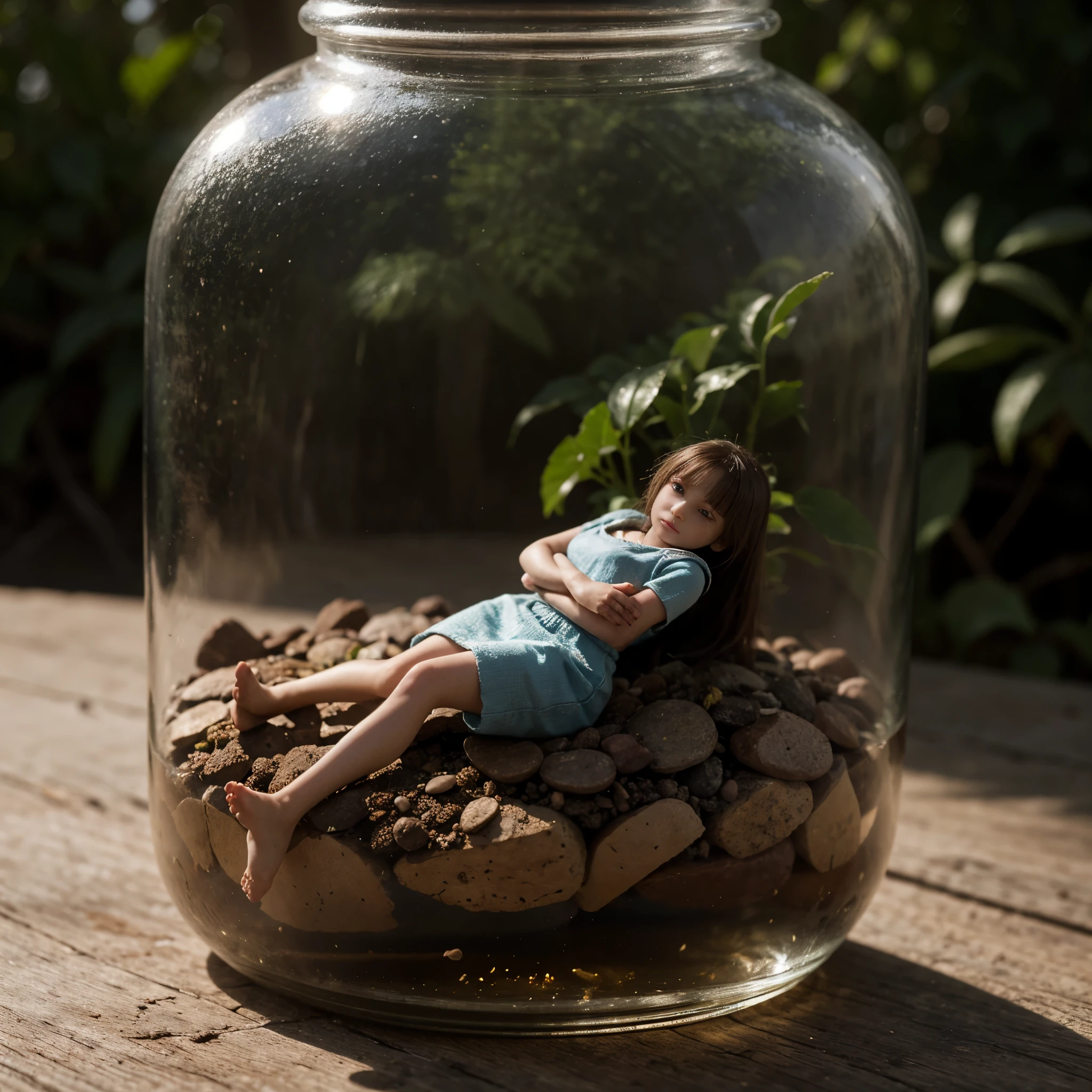 (a micro miniwoman trapped in a jar), atmospheric oliva lighting, on the table, 4k UHD, dark vibes, hyper detailed, vibrant colours forest background, epic composition, octane render, sharp focus, high resolution isometric, (film grain:1.3), The light is sparkling, high quality photography, 3 point lighting, flash with softbox, 4k, HDR, smooth, sharp focus, high resolution, award winning photo, 80mm, f2.8, bokeh, (a tiny micro woman trapped in a jar)